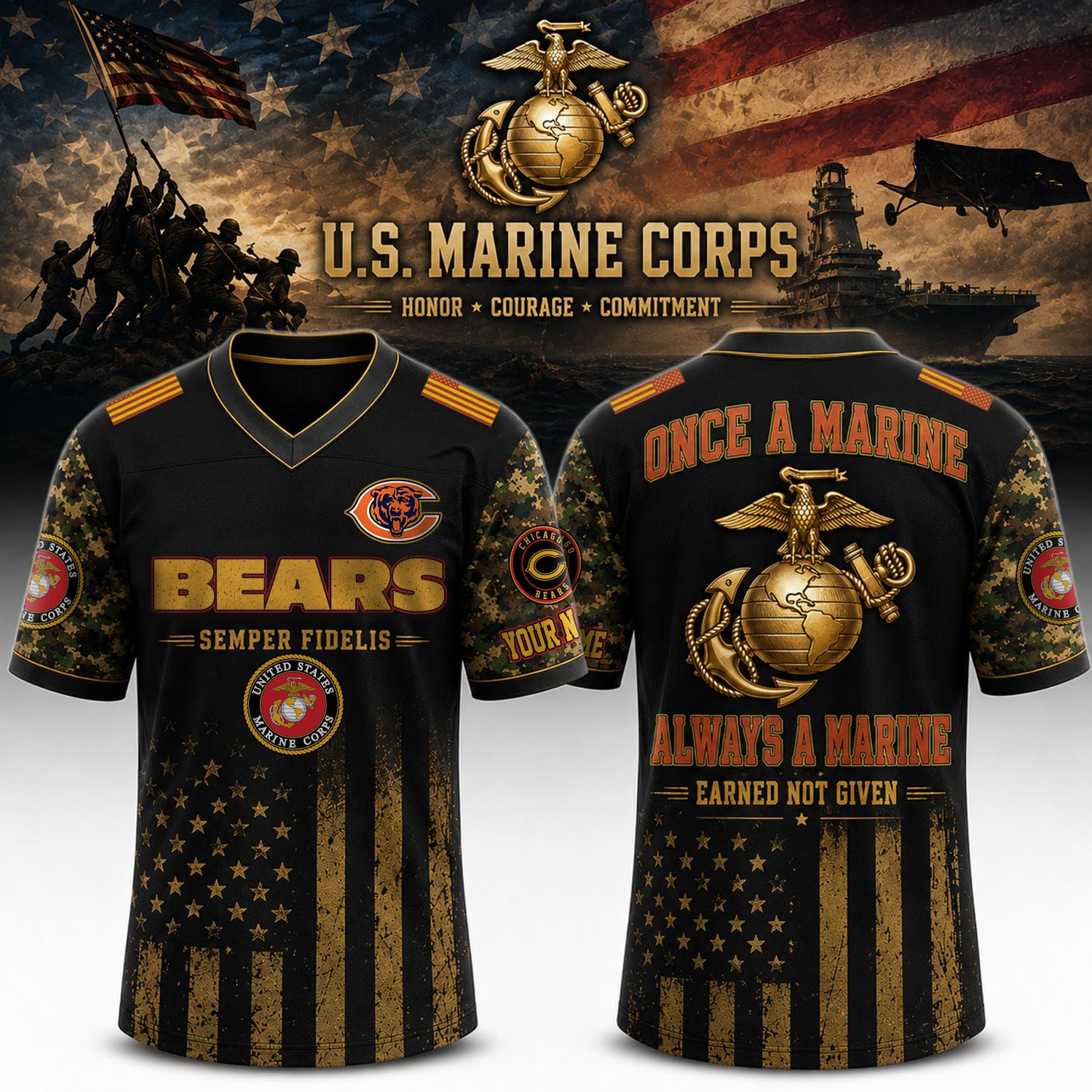 Chicago Bears US Marine Corps Personalized Baseball Jersey Veteran Edition NFL Military Appreciation Custom Fan Apparel 1 - Unicasport Chicago Bears US Marine Corps Personalized Baseball Jersey Veteran Edition NFL Military Appreciation Custom Fan Apparel