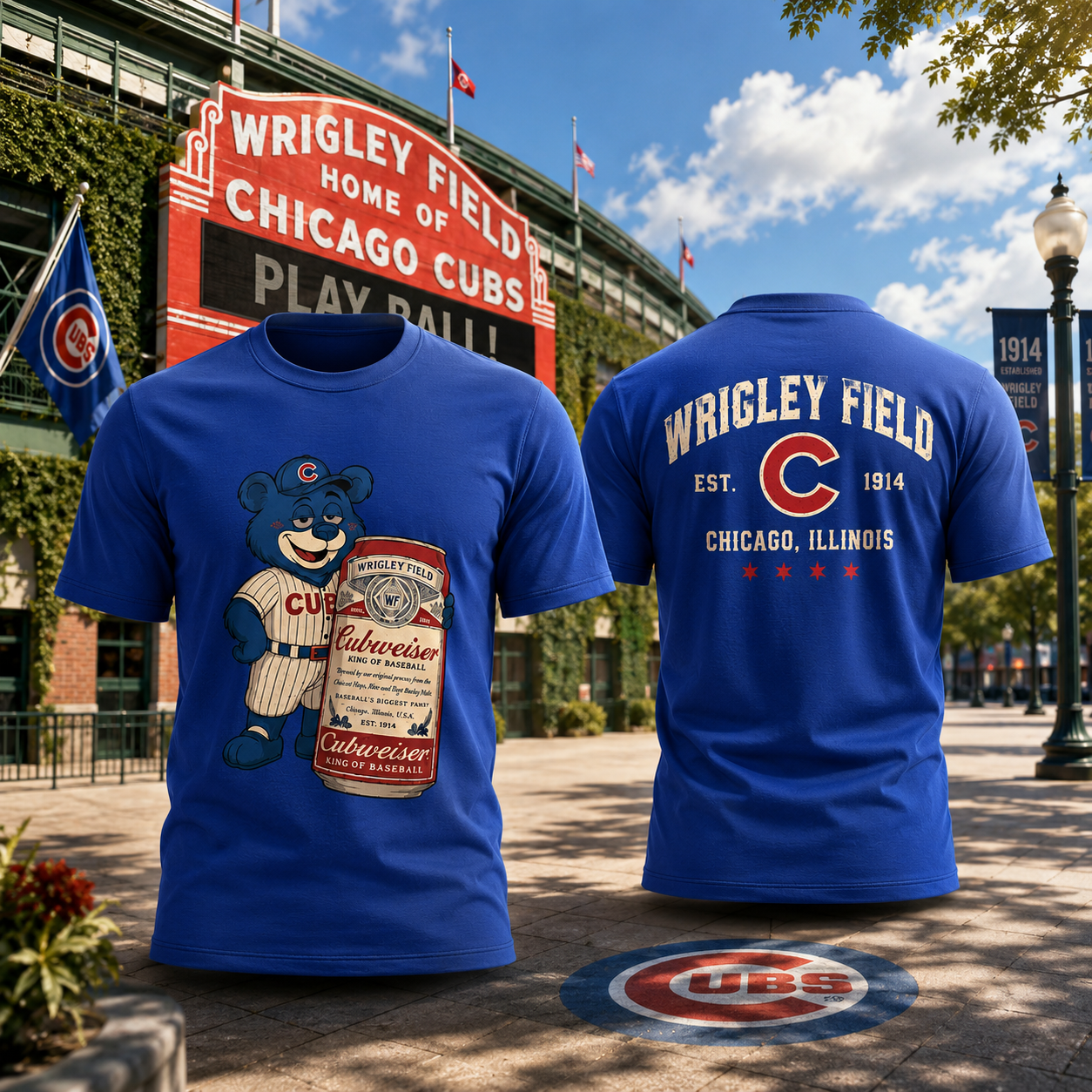 Chicago Cubs Wrigley Field Vintage Bear Budweiser Beer Fan T Shirt Front And Back Graphic Baseball Gift