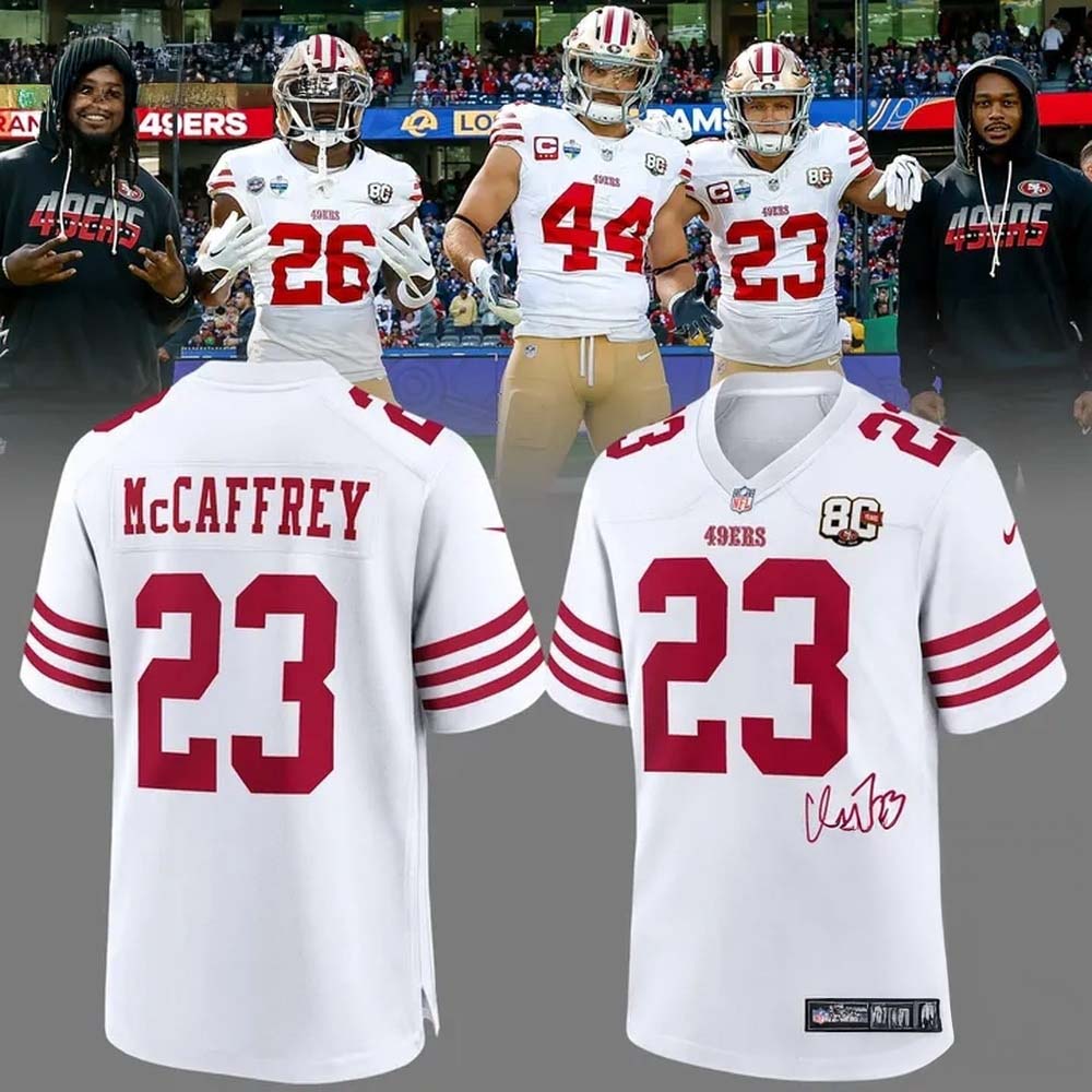 Christian McCaffrey San Francisco 49ers 80th Anniversary Signatures Print Football Jersey Football Fanwear 1 - Unicasport Christian McCaffrey San Francisco 49ers 80th Anniversary Signatures Print Football Jersey Football Fanwear