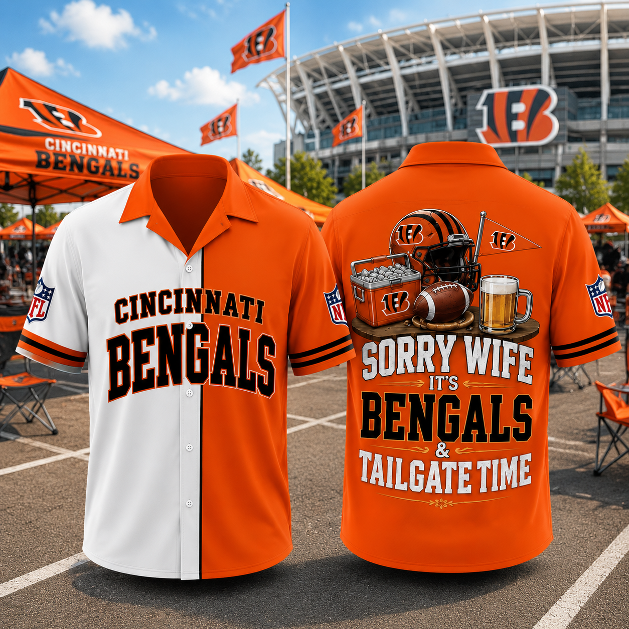 Cincinnati Bengals Sorry Wife It's Bengals & Tailgate Time Baseball Jersey NFL Fan Gift Half White Half Orange Button Up Shirt