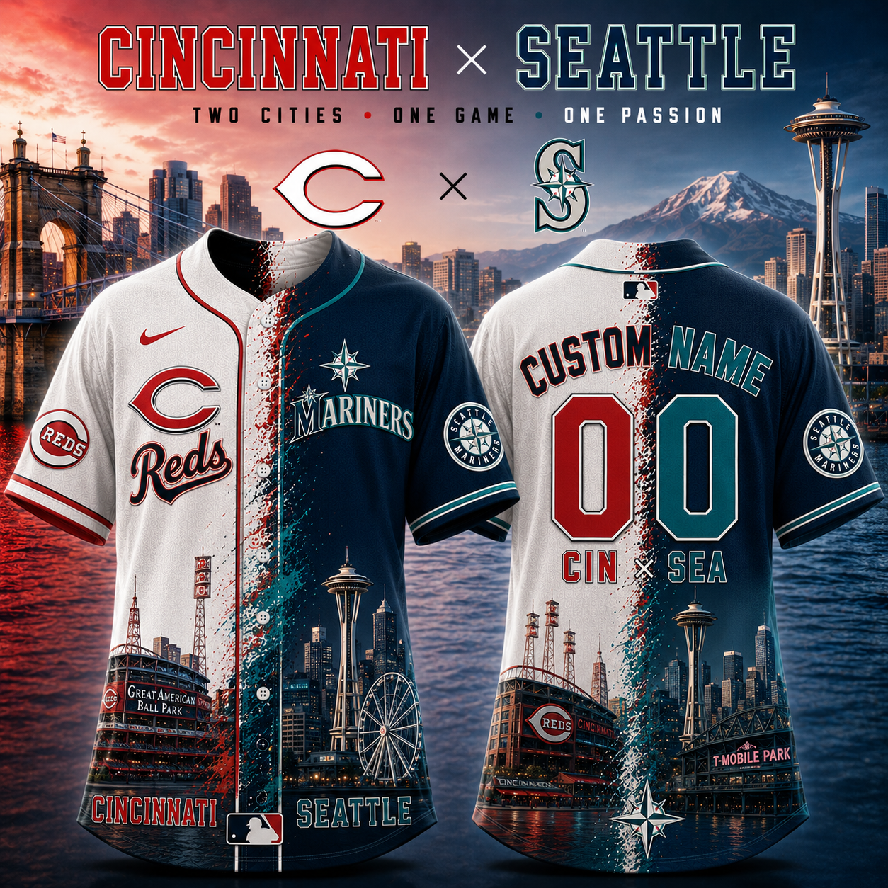 Cincinnati Reds x Seattle Mariners Custom Name Number Baseball Jersey For Fans