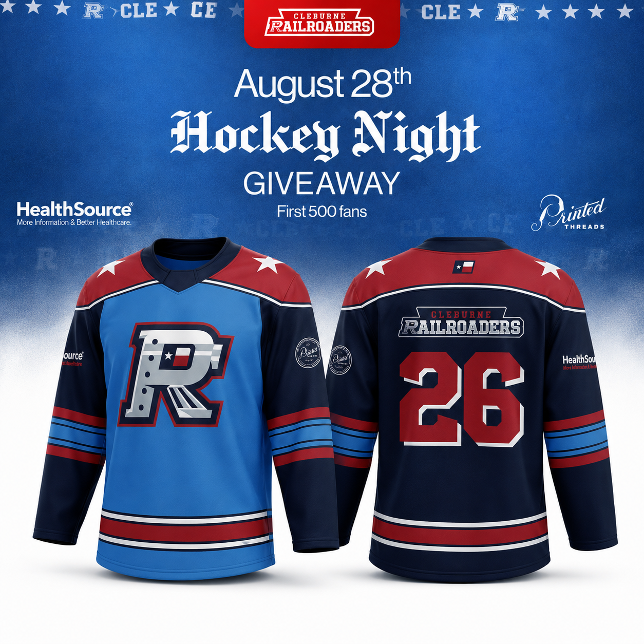Cleburne Railroaders Hockey Night 2026 Special Edition Giveaway Hockey Jersey August 28 Fan Apparel 2 - Unicasport Cleburne Railroaders Hockey Night 2026 Special Edition Giveaway Hockey Jersey August 28 Fan Apparel
