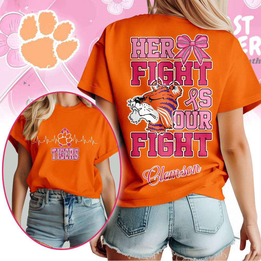 Clemson Tigers NCAA Her Fight Is Our Fight Breast Cancer Unisex 3D Shirt