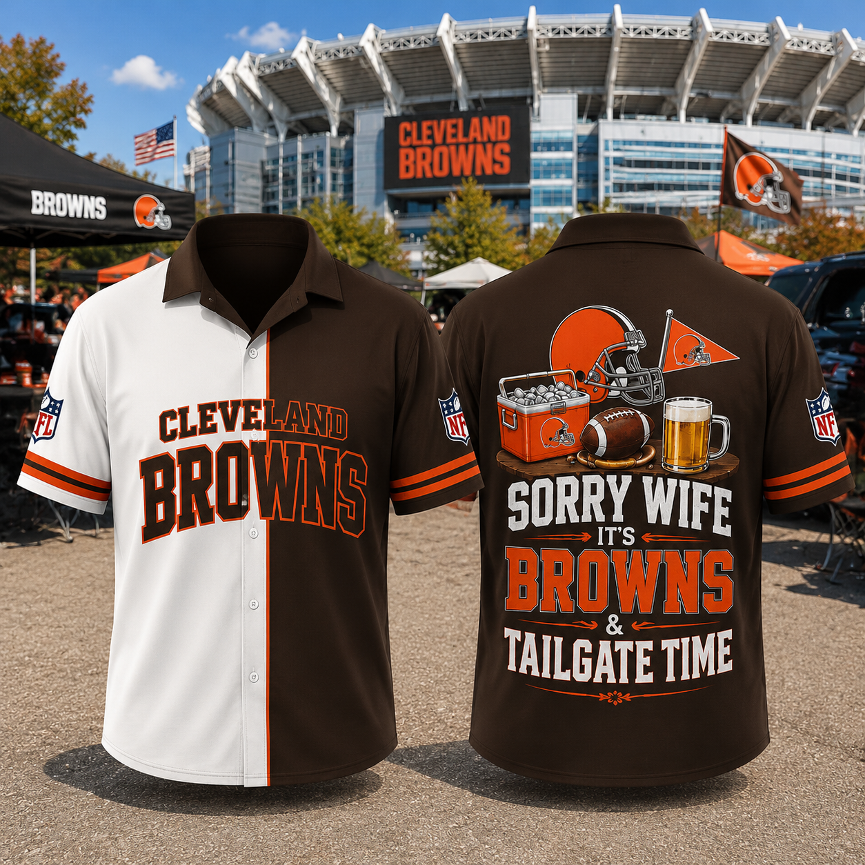 Cleveland Browns Sorry Wife It's Browns & Tailgate Time Baseball Jersey NFL Fan Gift Half White Half Brown Button Up Shirt