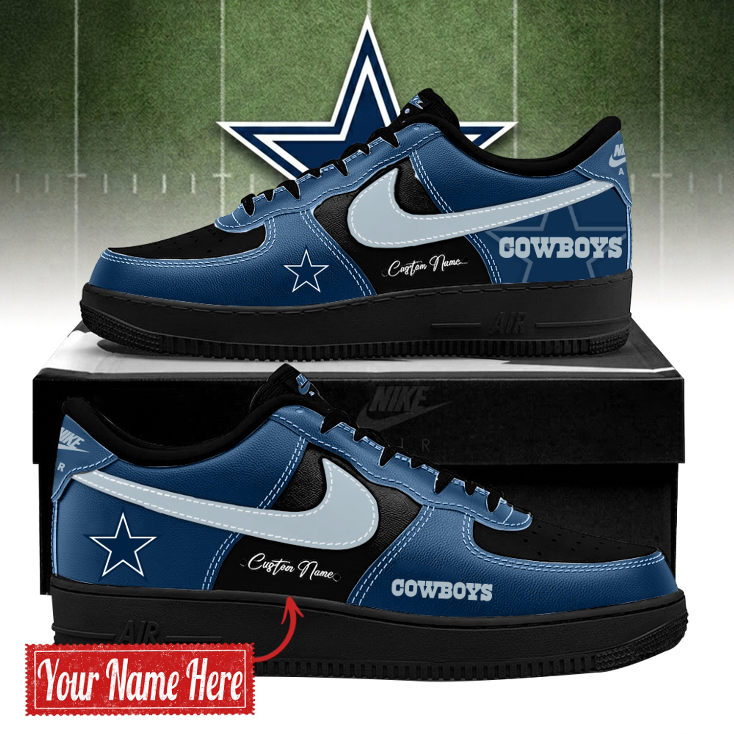 Dallas Cowboys Bold Black And Navy Limited Edition Air Force 1 Sneakers