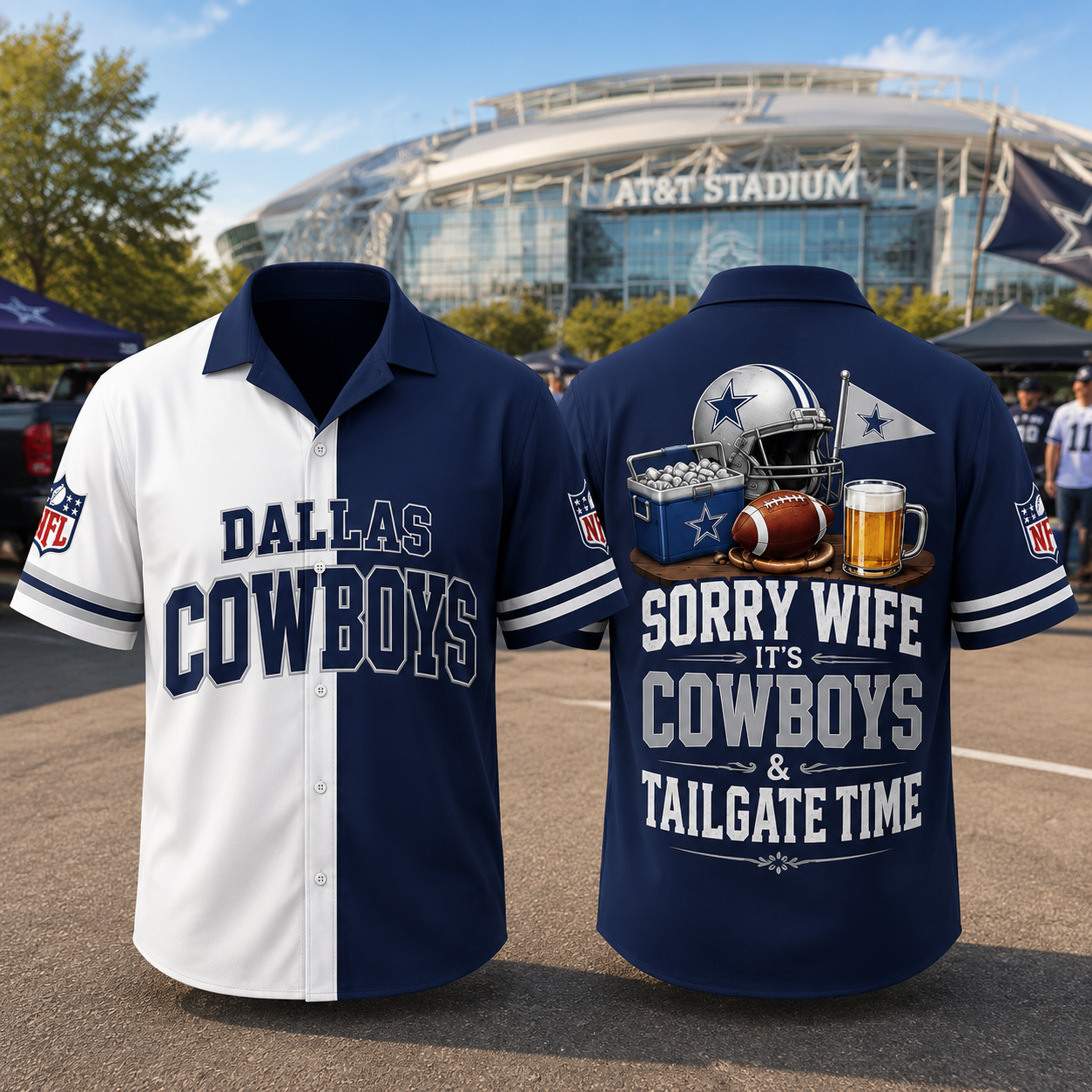 Dallas Cowboys Sorry Wife It's Cowboys & Tailgate Time Baseball Jersey NFL Fan Gift Half White Half Navy Button Up Shirt