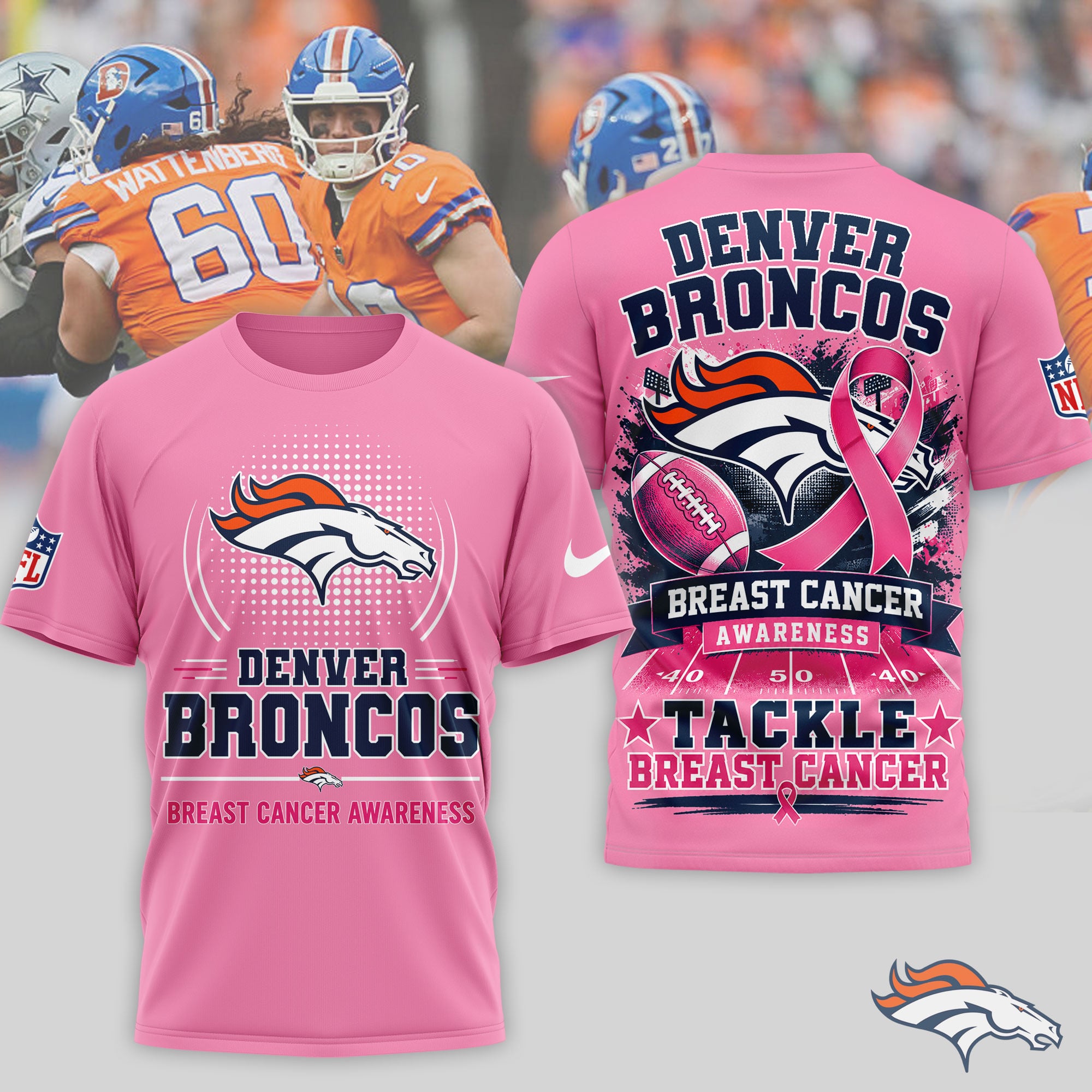 Denver Broncos Premium NFL Tackle Breast Cancer Awareness 3D Shirt