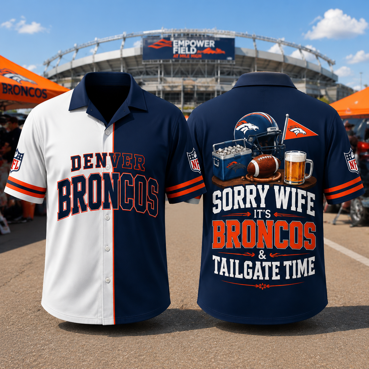 Denver Broncos Sorry Wife It's Broncos & Tailgate Time Baseball Jersey NFL Fan Gift Half White Half Navy Button Up Shirt