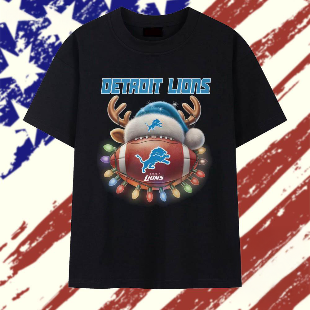 Detroit Lions 2025 Football Santa Hats Christmas Funny T Shirt