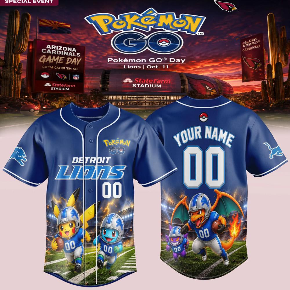 Detroit Lions Pokemon GO Game Day Pikachu Custom Baseball Jersey Football Gaming Fan Apparel 1 - Unicasport Detroit Lions Pokemon GO Game Day Pikachu Custom Baseball Jersey Football Gaming Fan Apparel