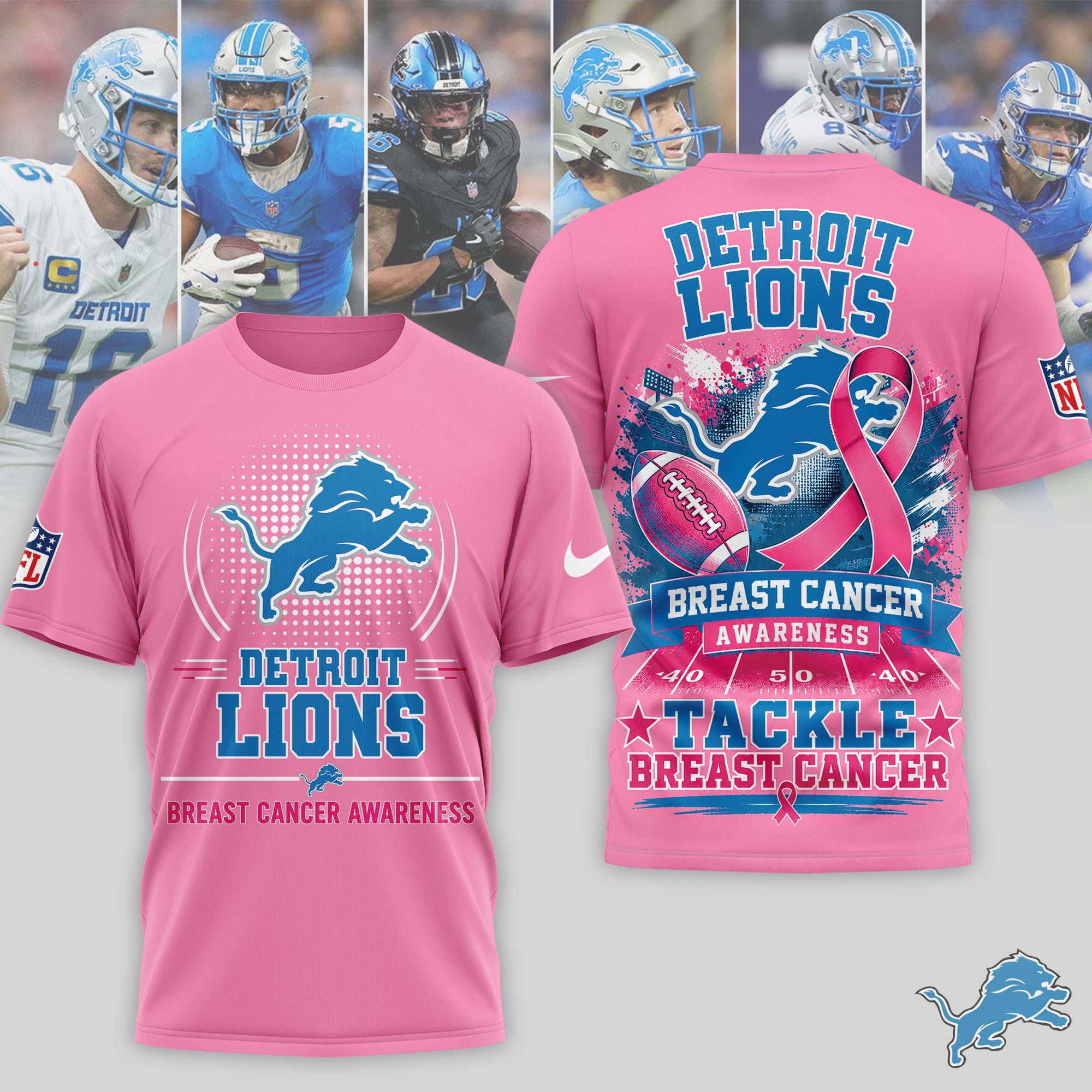 Detroit Lions Premium NFL Tackle Breast Cancer Awareness 3D Shirt