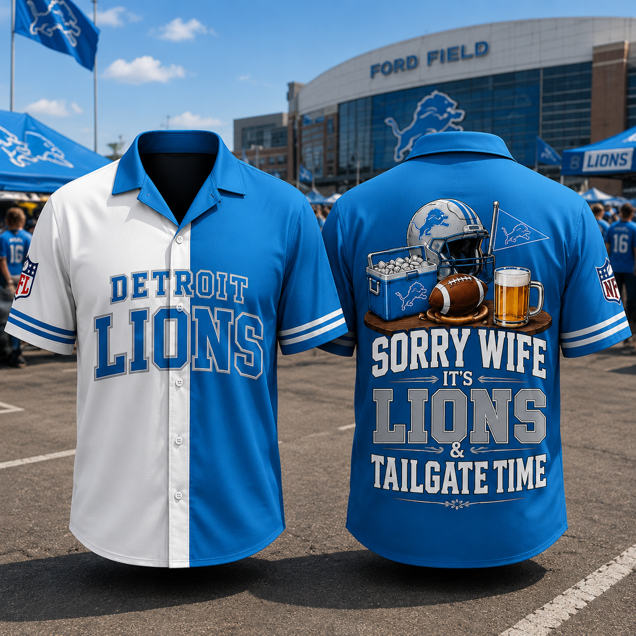 Detroit Lions Sorry Wife It's Lions & Tailgate Time Baseball Jersey NFL Fan Gift Half White Half Blue Button Up Shirt