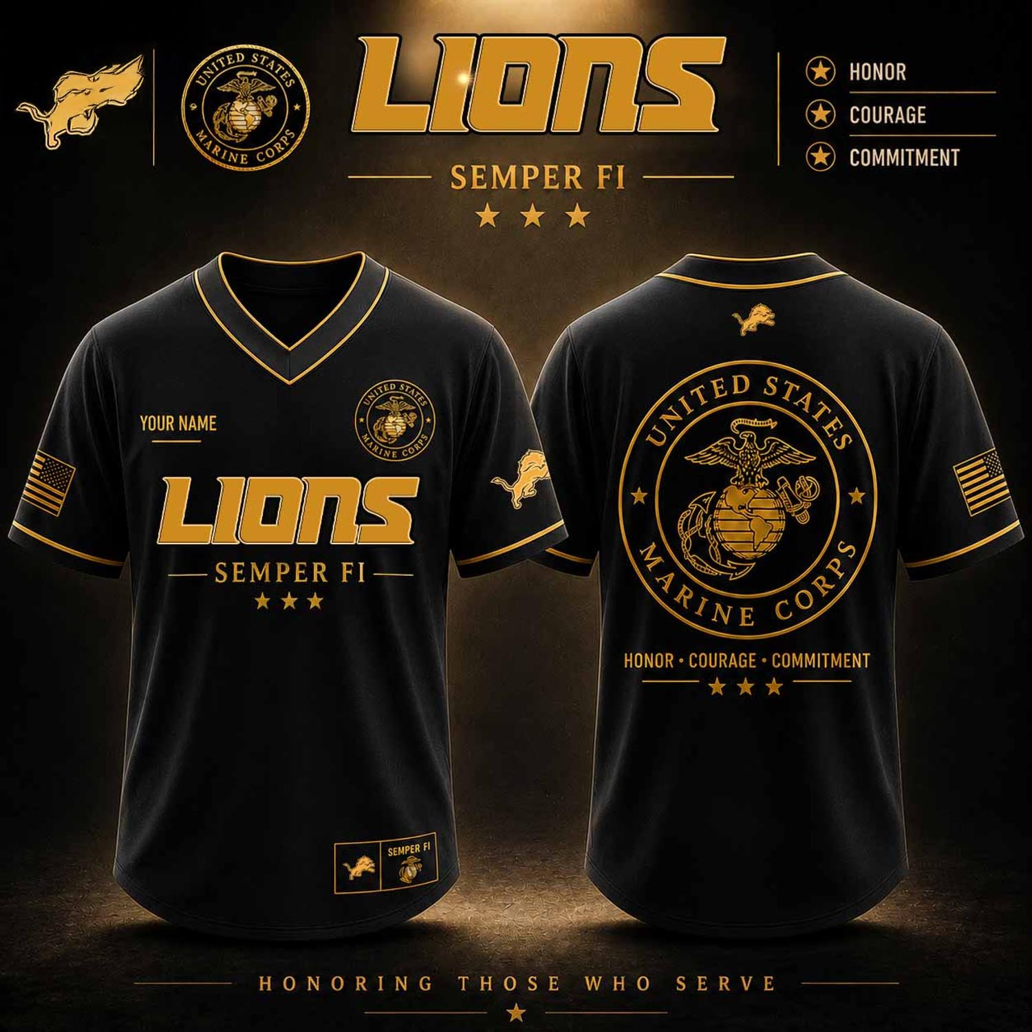 Detroit Lions USMC Tribute Football Jersey Honor Courage Commitment Semper Fi Military Appreciation Fan Apparel 1 - Unicasport Detroit Lions USMC Tribute Football Jersey Honor Courage Commitment Semper Fi Military Appreciation Fan Apparel