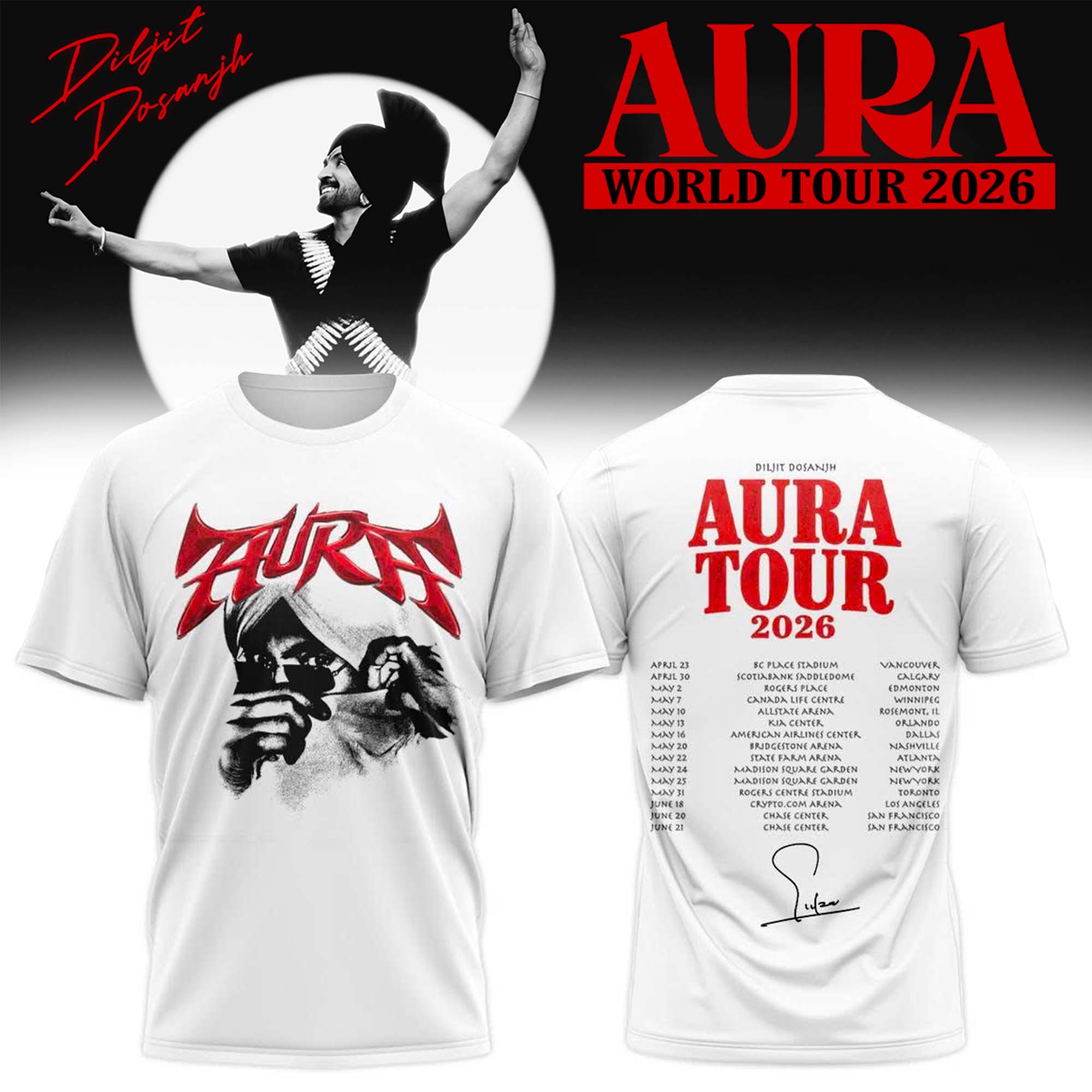 Diljit Dosanjh Â”AURA World TourÂ” 2026 Limited Edition Signature Â– Tshirt