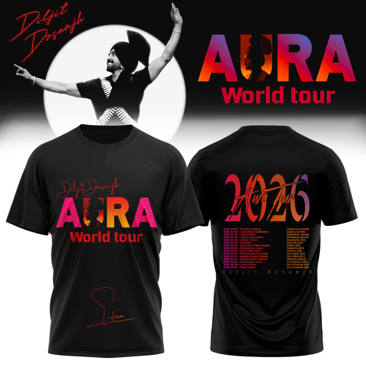 Diljit Dosanjh AURA World Tour 2026 Collector Fan Graphic T Shirt