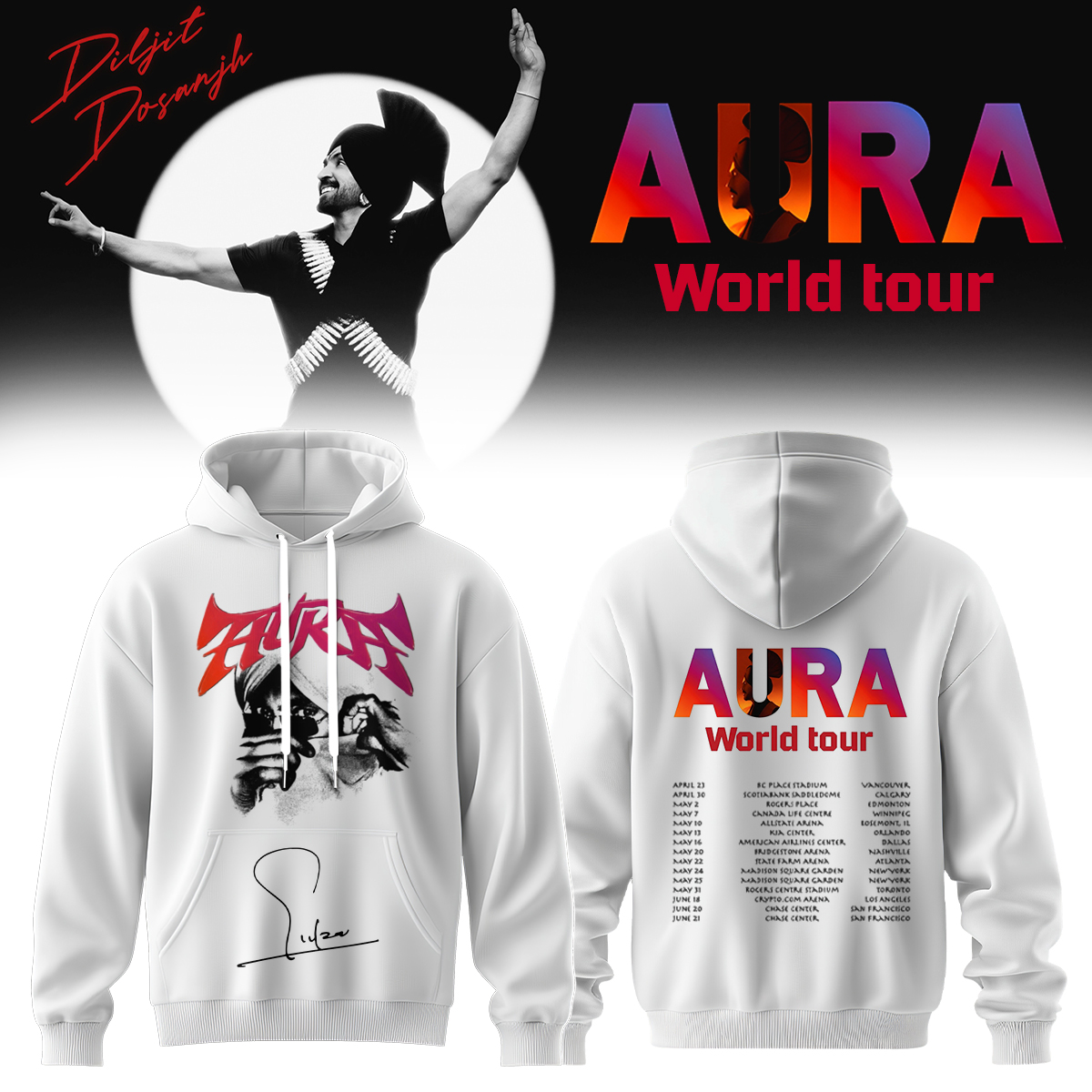 Diljit Dosanjh AURA World Tour 2026 Limited Edition Signature Hoodie Collection