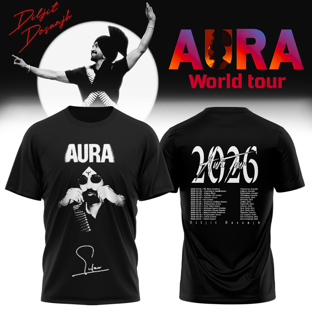 Diljit Dosanjh AURA World Tour 2026 Official Graphic T Shirt Collection