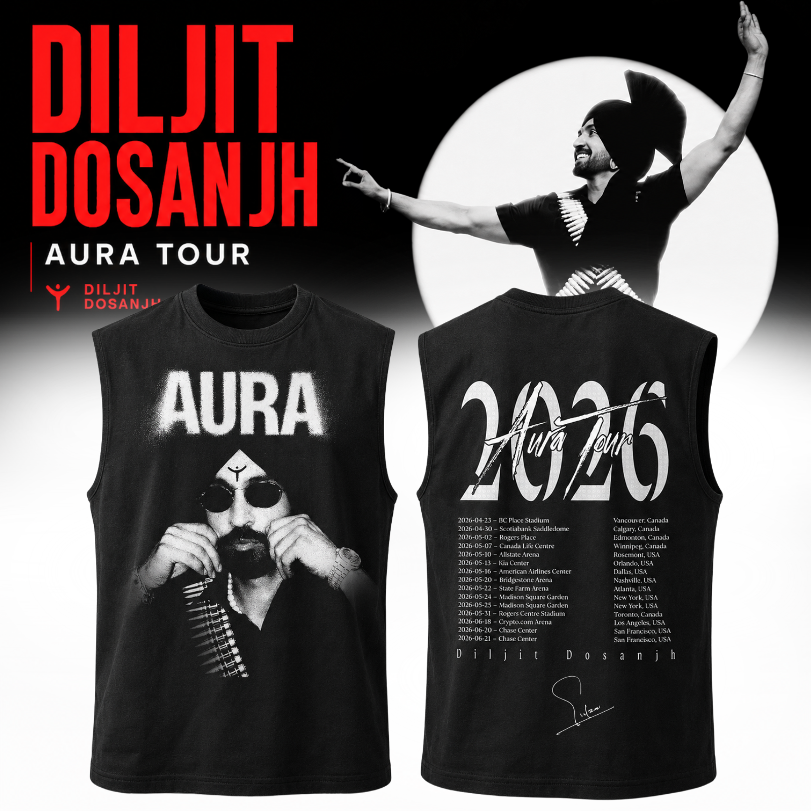 Diljit Dosanjh AURA World Tour 2026 Premium Music Tour Graphic Tee