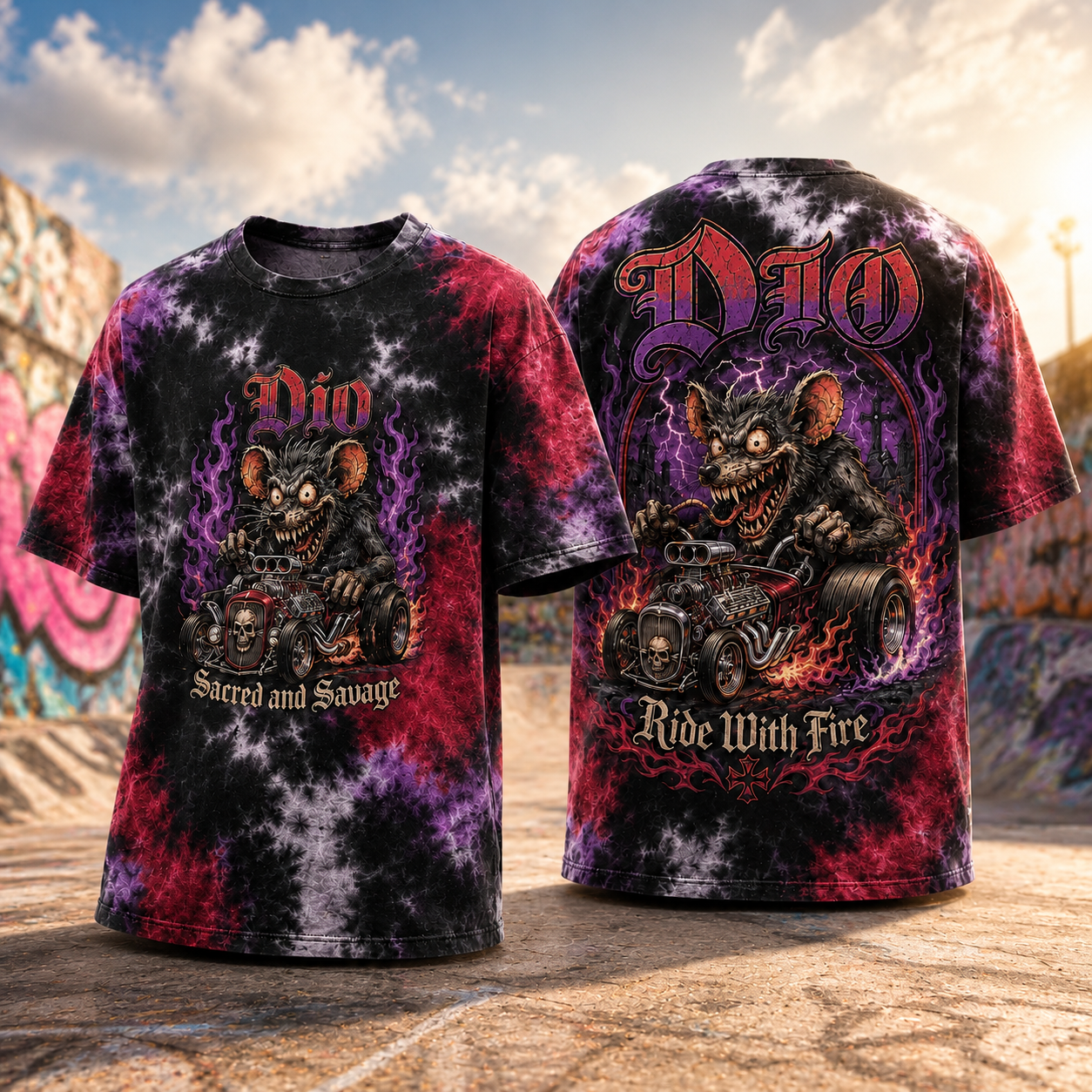 Dio Ride With Fire Tie Dye T Shirt Vintage Heavy Metal Band Graphic 2 Sided Unisex Tee Gift For Rock Fans