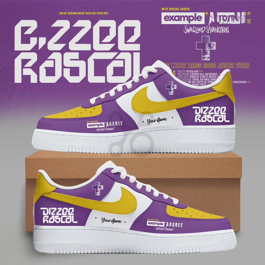 Dizzee Rascal We Want Bass 2026 Purple Yellow Custom Air Force 1 Sneakers