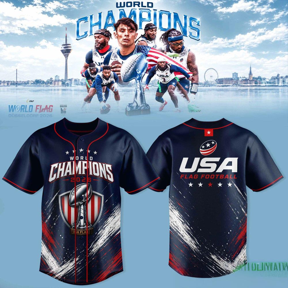 Duesseldorf 2026 USA Flag Football World Champions Baseball Jersey Victory Fan Apparel 1 - Unicasport Duesseldorf 2026 USA Flag Football World Champions Baseball Jersey Victory Fan Apparel