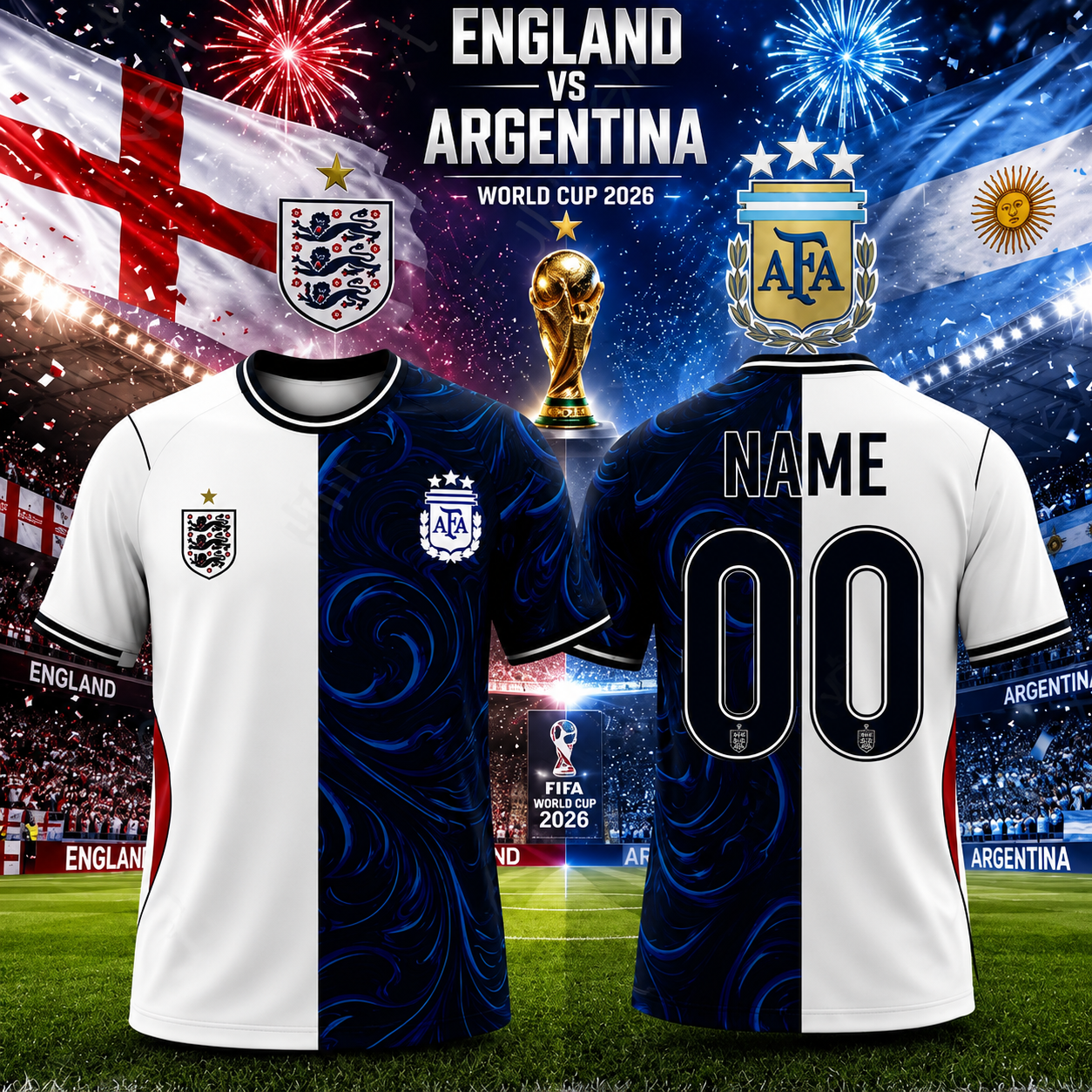 England vs Argentina World Cup 2026 Split Custom Name Soccer Jersey Football Fan Gift