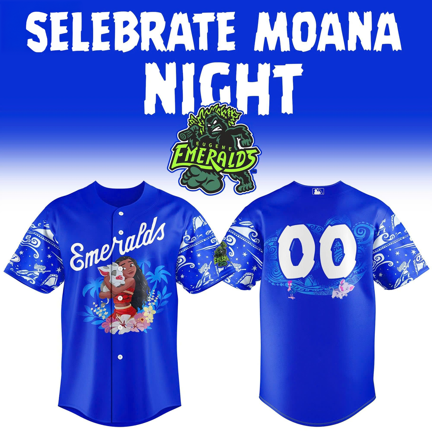 Eugene Emeralds x Moana Night 2026 Royal Blue Baseball Jersey