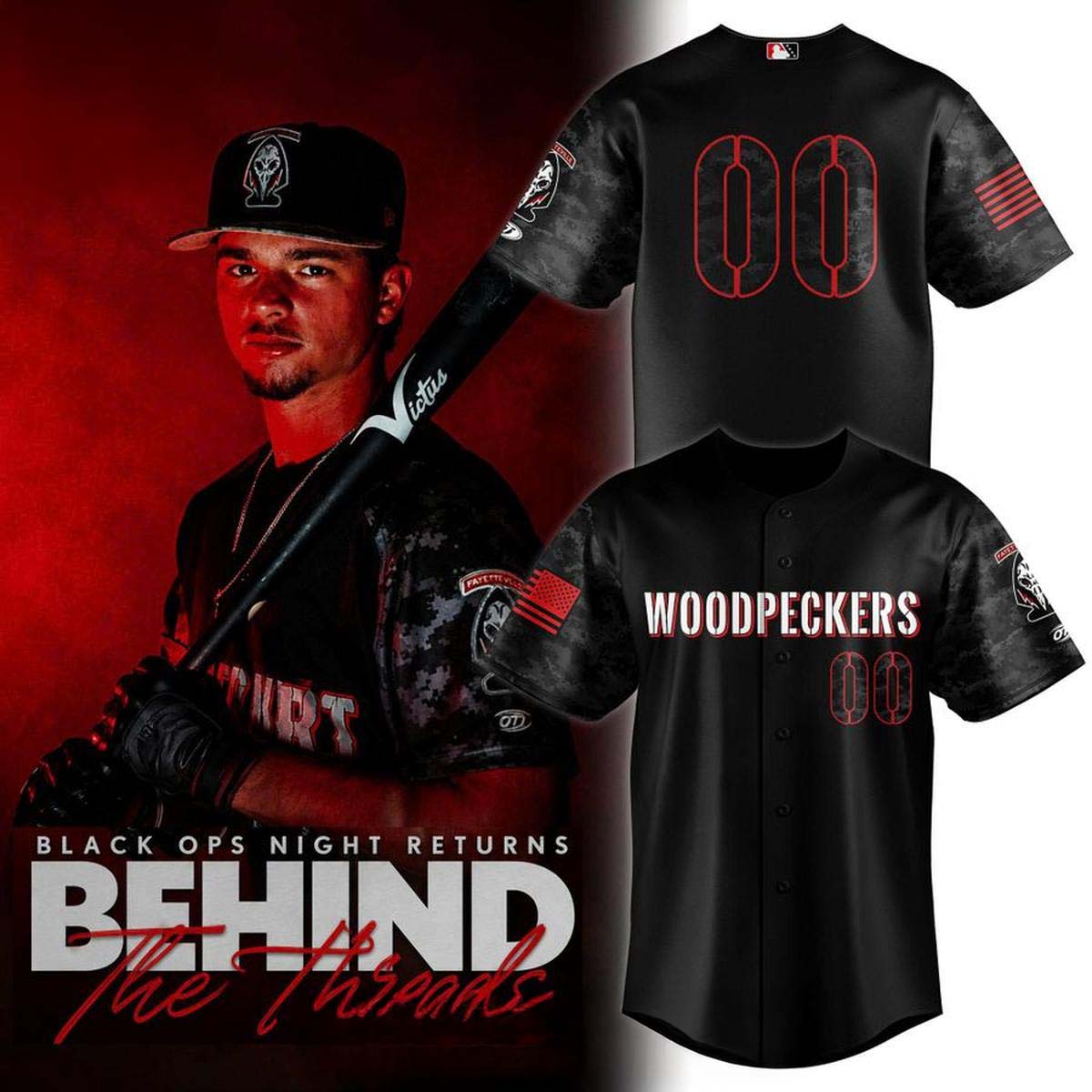 Fayetteville Woodpeckers 2026 Black Ops Night Theme Game Baseball Jersey Game Day 1 - Unicasport Fayetteville Woodpeckers 2026 Black Ops Night Theme Game Baseball Jersey Game Day