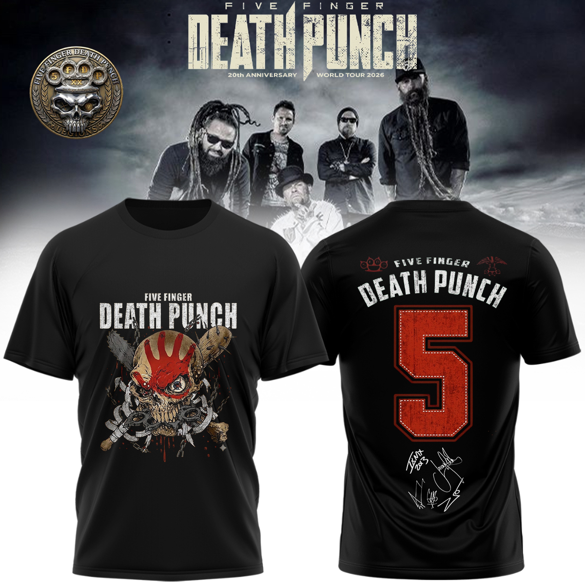 Five Finger Death Punch 20th Anniversary World Tour 2026 Signed Limited Edition Graphic T Shirt
