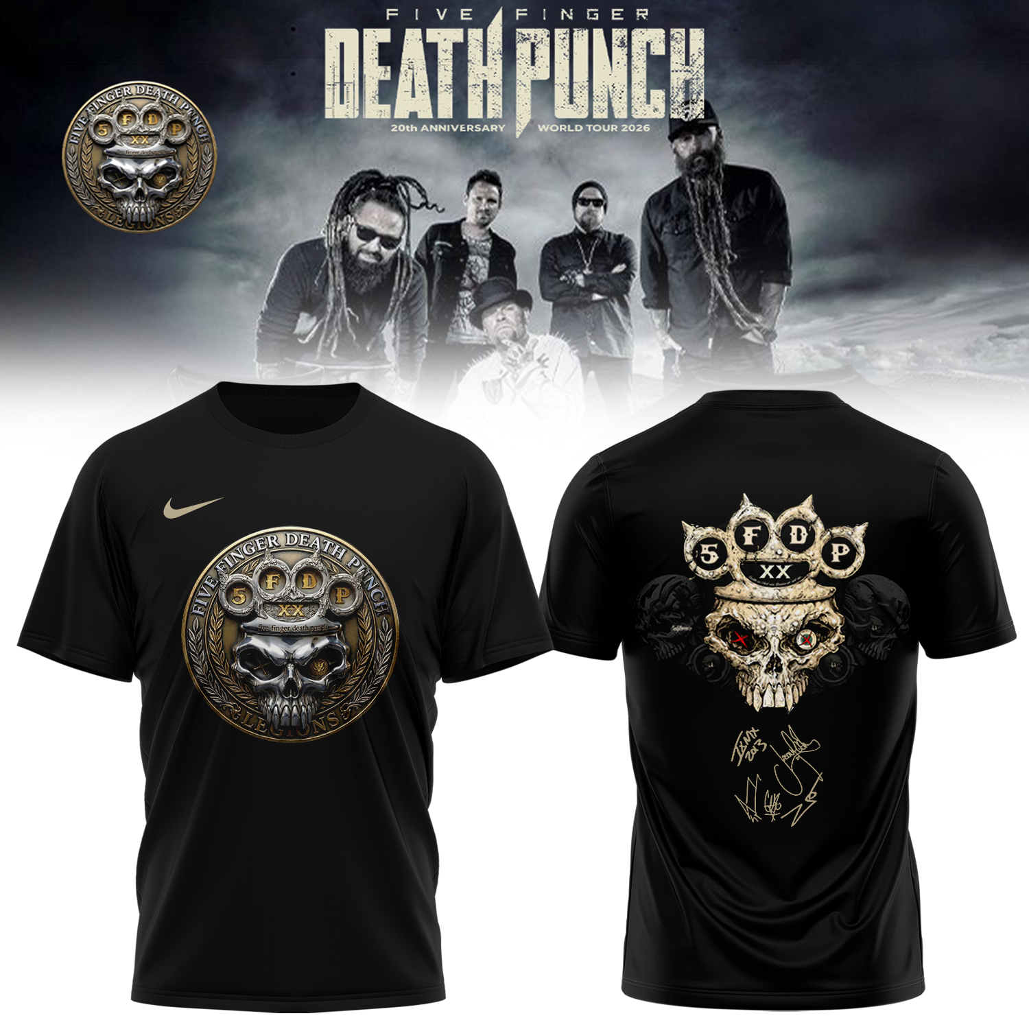 Five Finger Death Punch 20th Anniversary World Tour 2026 Signed Premium Concert Graphic Tee