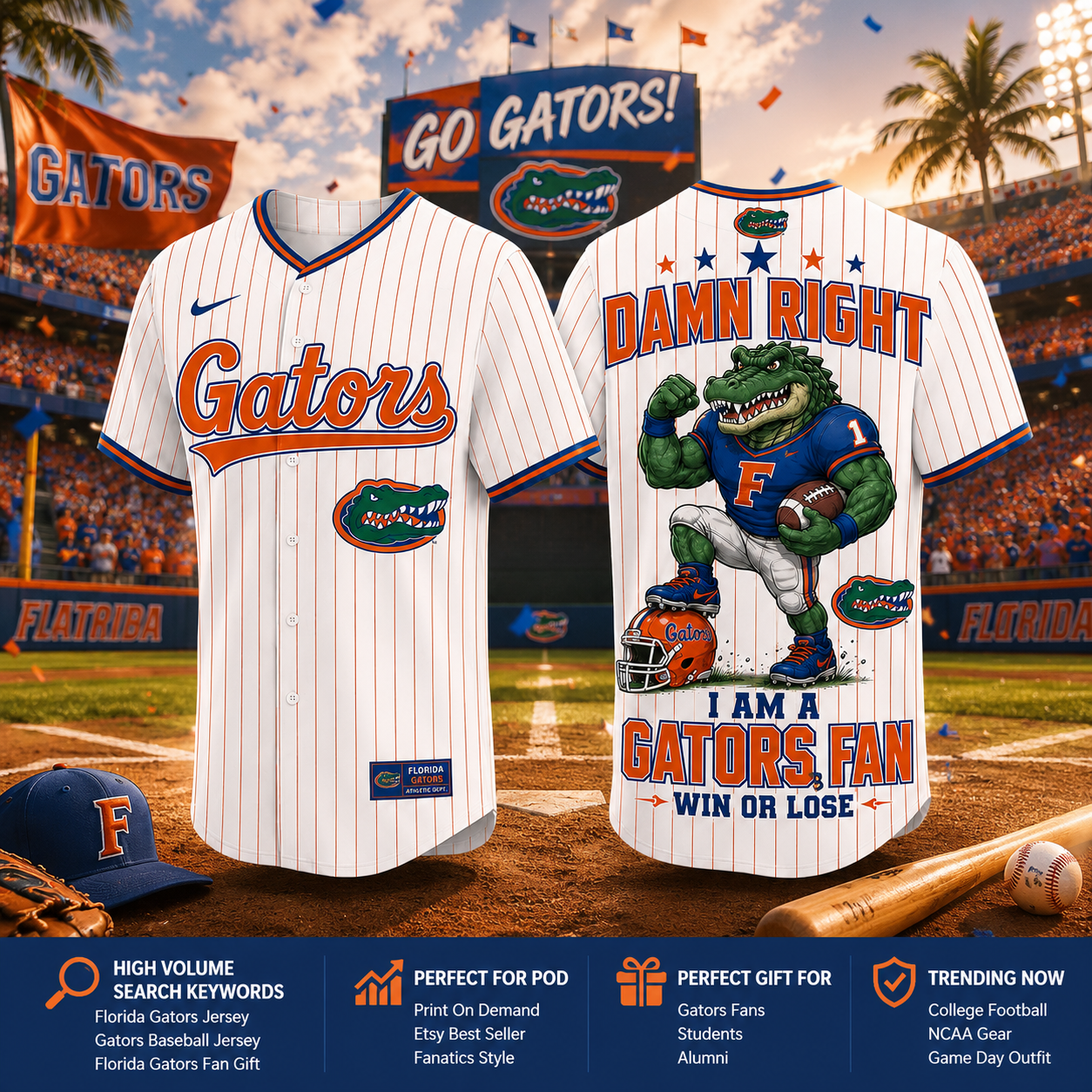 Florida Gators Damn Right I Am A Gators Fan Baseball Jersey NCAA College Baseball Fan Gift