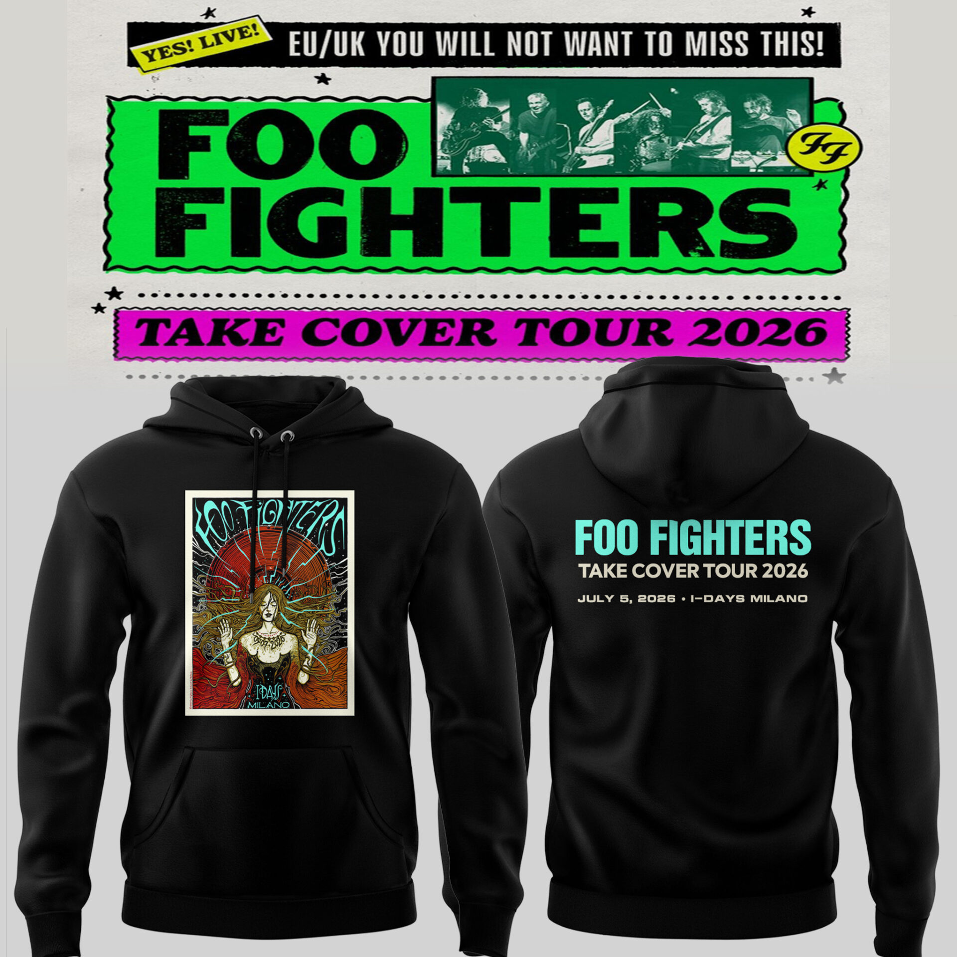 Foo Fighters Take Cover Tour Milano 2026 Limited Hoodie Gifts For Fans