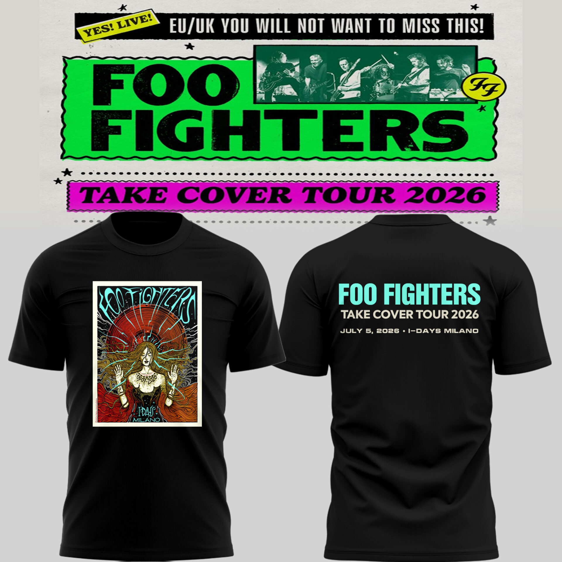 Foo Fighters Take Cover Tour Milano 2026 Limited T Shirt Gifts For Fans