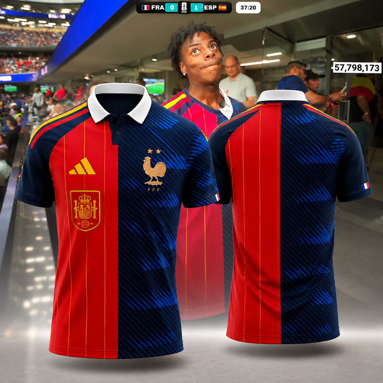 France vs Spain Split National Team Soccer Polo Shirt Football Fan Jersey Style