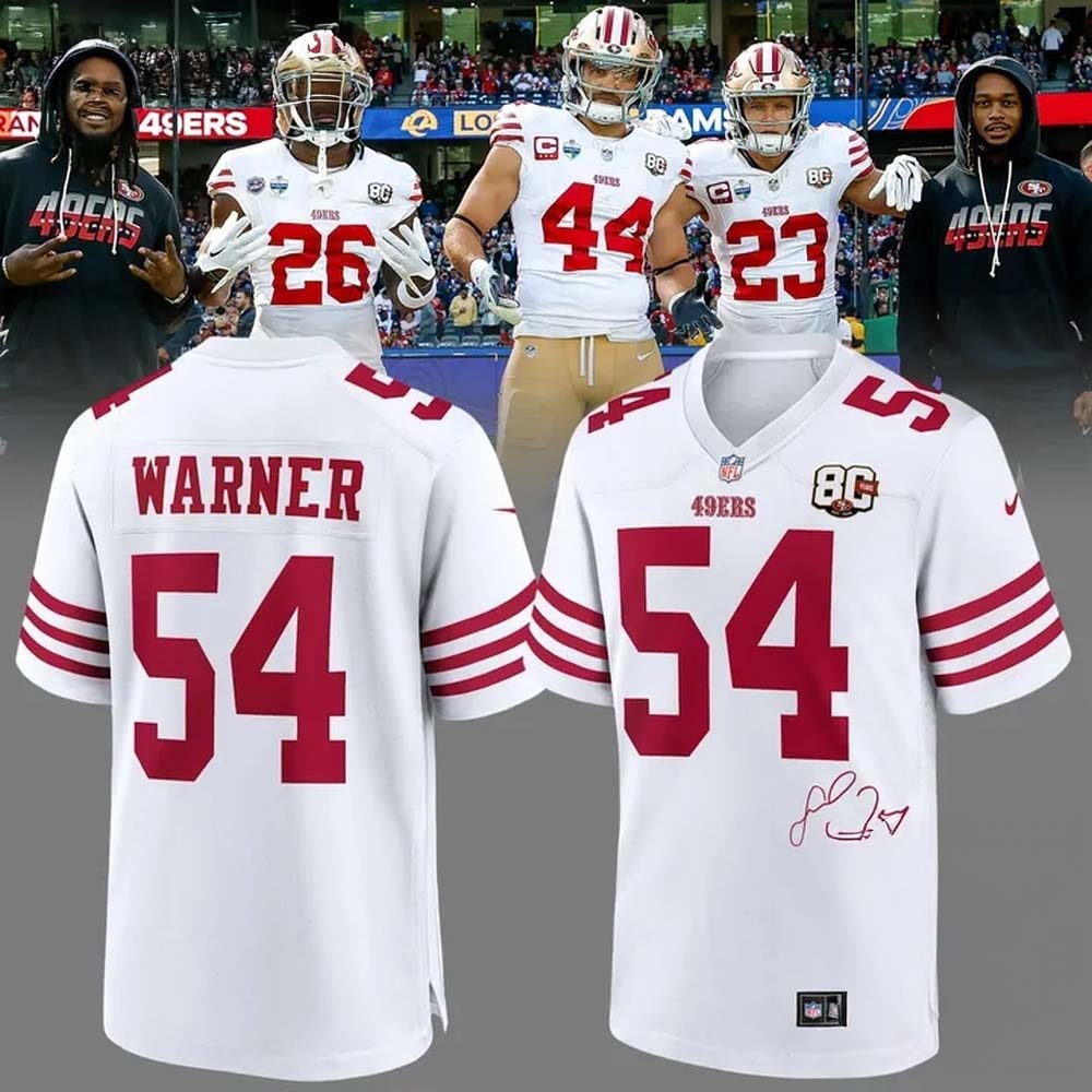 Fred Warner San Francisco 49ers 80th Anniversary Signatures Print Football Jersey Football Fanwear 1 - Unicasport Fred Warner San Francisco 49ers 80th Anniversary Signatures Print Football Jersey Football Fanwear
