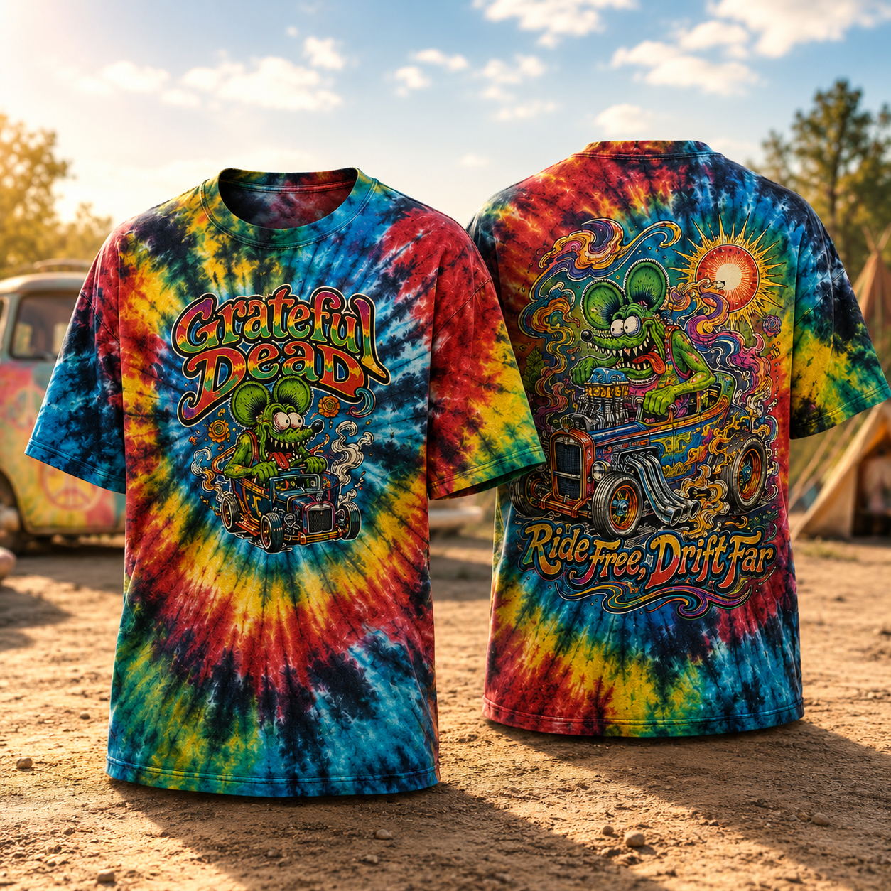 Grateful Dead Ride Free Drift Far Tie Dye T Shirt Vintage Psychedelic Rock Band Graphic 2 Sided Unisex Tee Gift For Music Fans