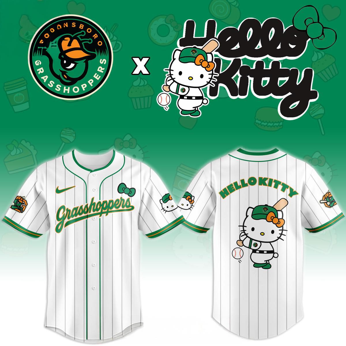 Greensboro Grasshoppers x Hello Kitty Classic Striped 2026 Night MiLB Game Jersey Cute Character Baseball Fan Apparel 1 - Unicasport Greensboro Grasshoppers x Hello Kitty Classic Striped 2026 Night MiLB Game Jersey Cute Character Baseball Fan Apparel