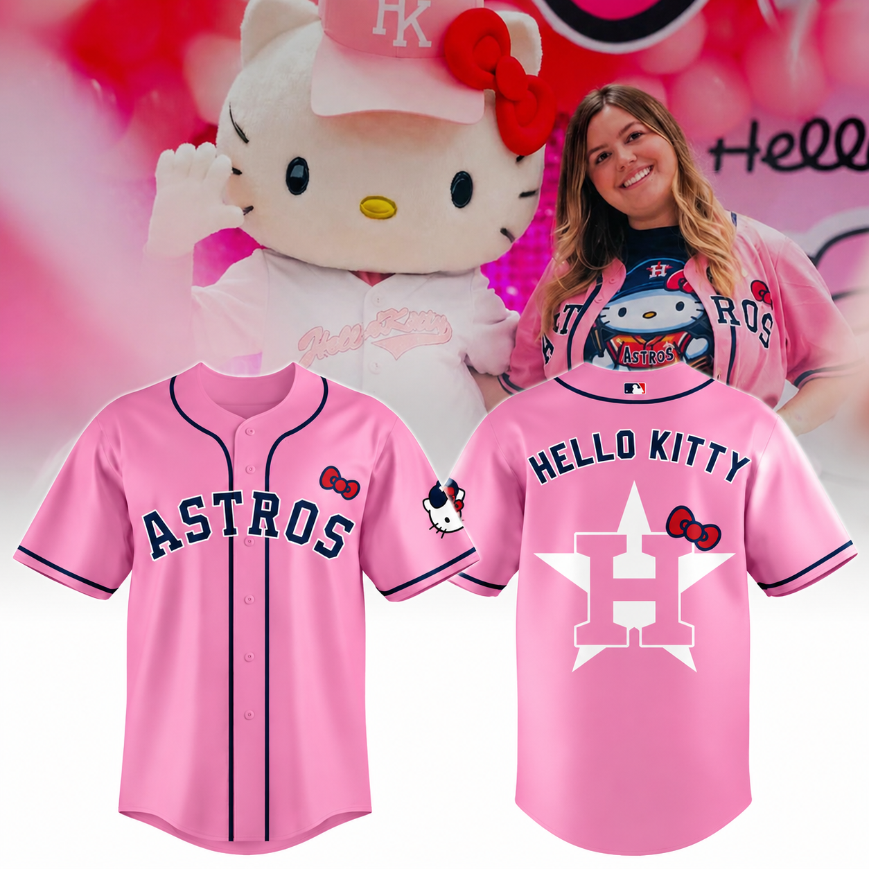 HELLO KITTY ASTROS BASEBALL JERSEY PINK CUSTOM FAN SHIRT 2026 TRENDY MLB INSPIRED BASEBALL BUTTON UP T-SHIRT FOR WOMEN AND FANS