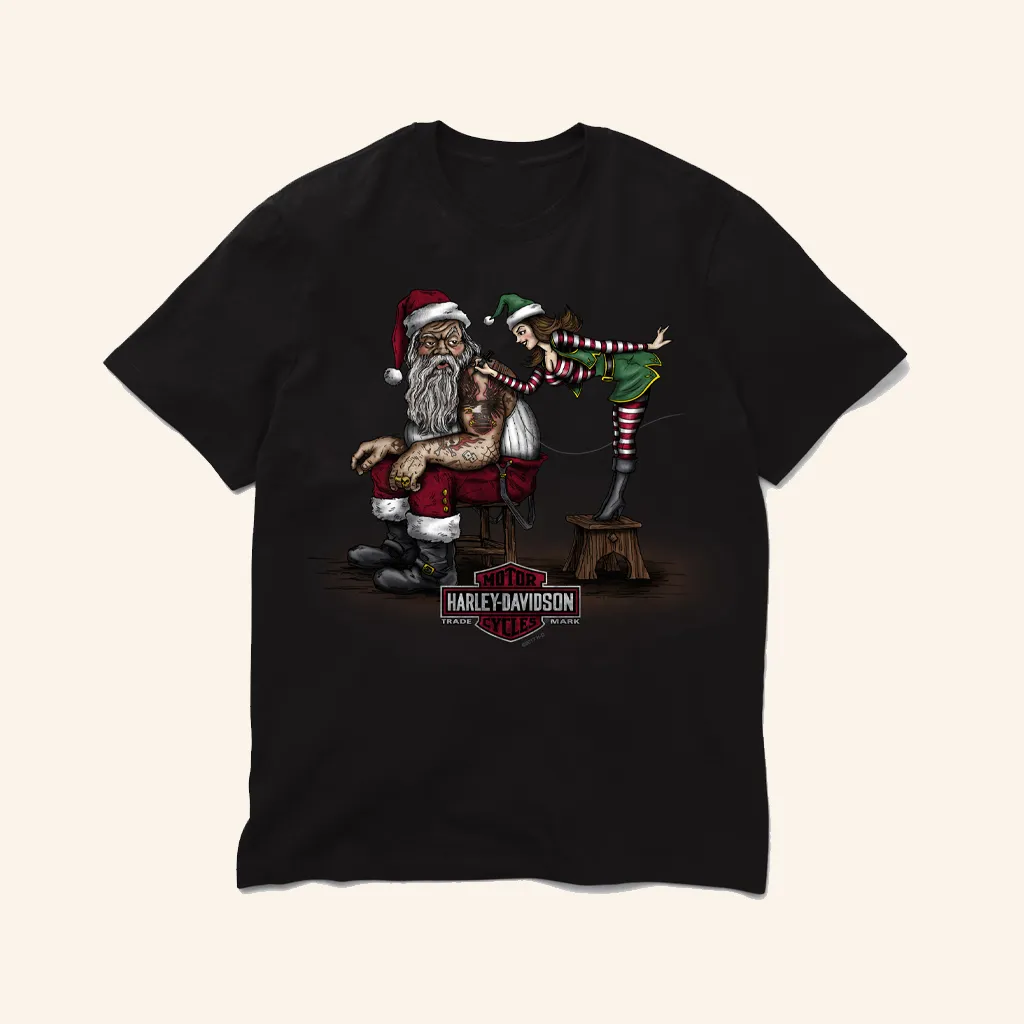 Harley Davidson Merch Santa Getting Inked TShirt Christmas Gifts For Boyfriend