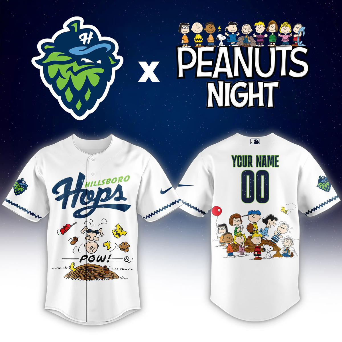 Hillsboro Hops x Peanuts Night 2026 Personalized Baseball Jersey
