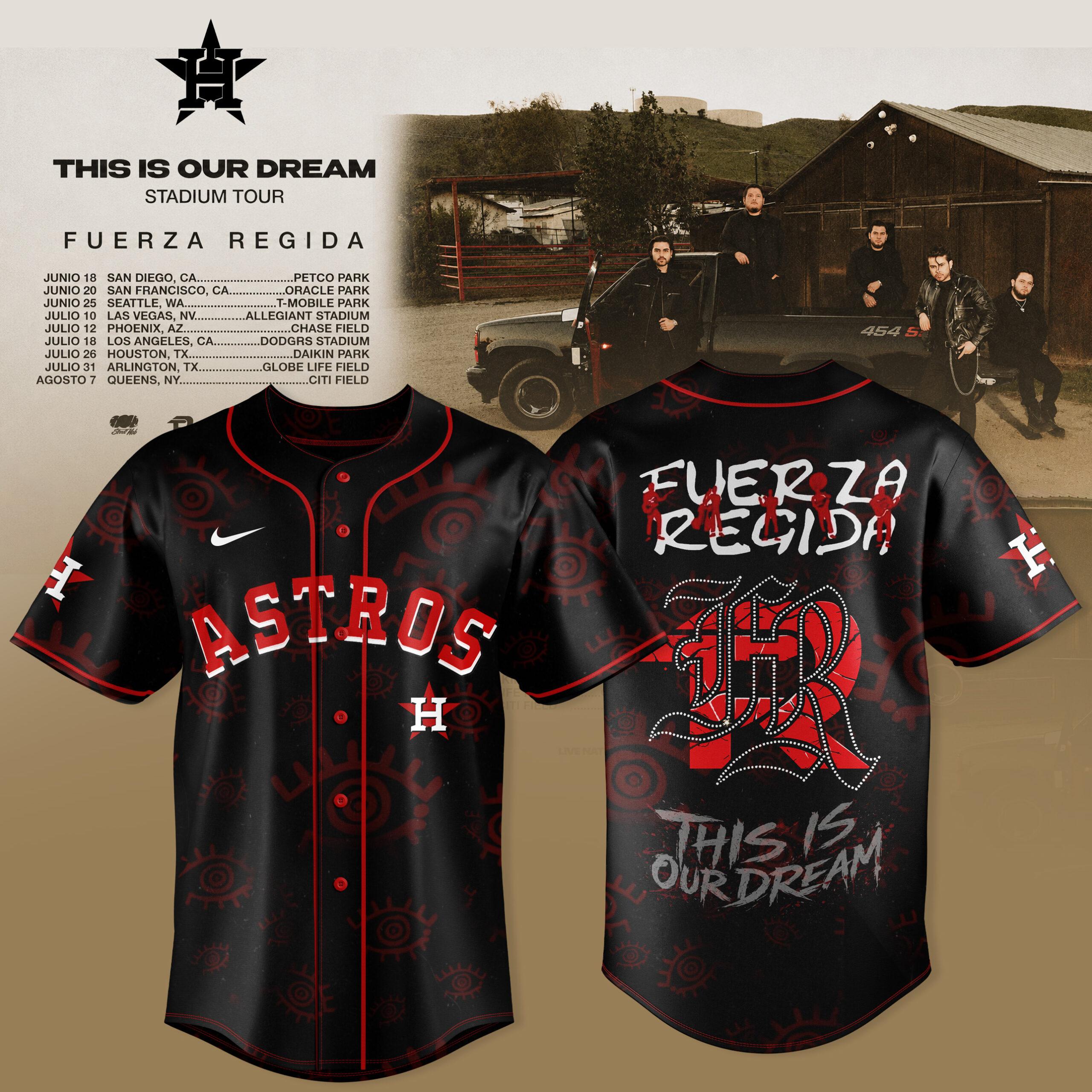Houston Dream Has Arrived Astros x Fuerza Regida Stadium Tour Baseball Jersey