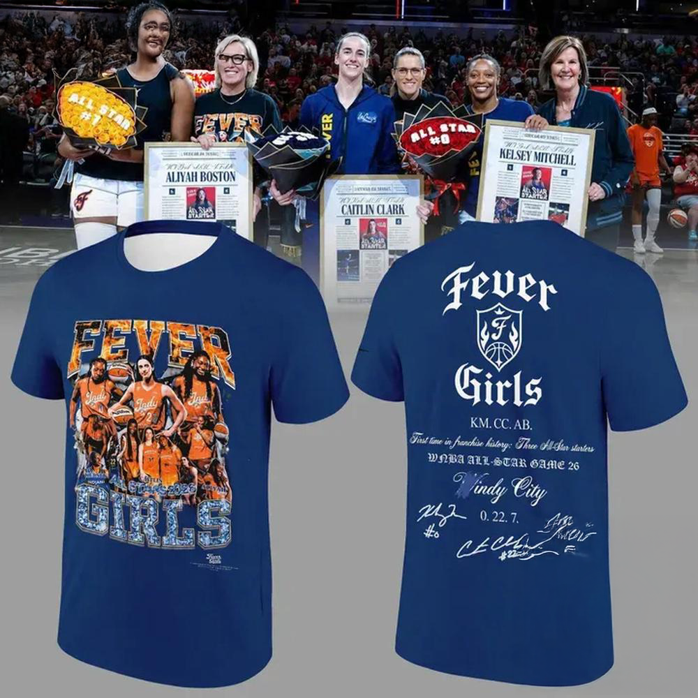 Indiana Fever Girls All Stars 2026 Aliyah Boston Caitlin Clark Kelsey Mitchell Signatures Blue T Shirt