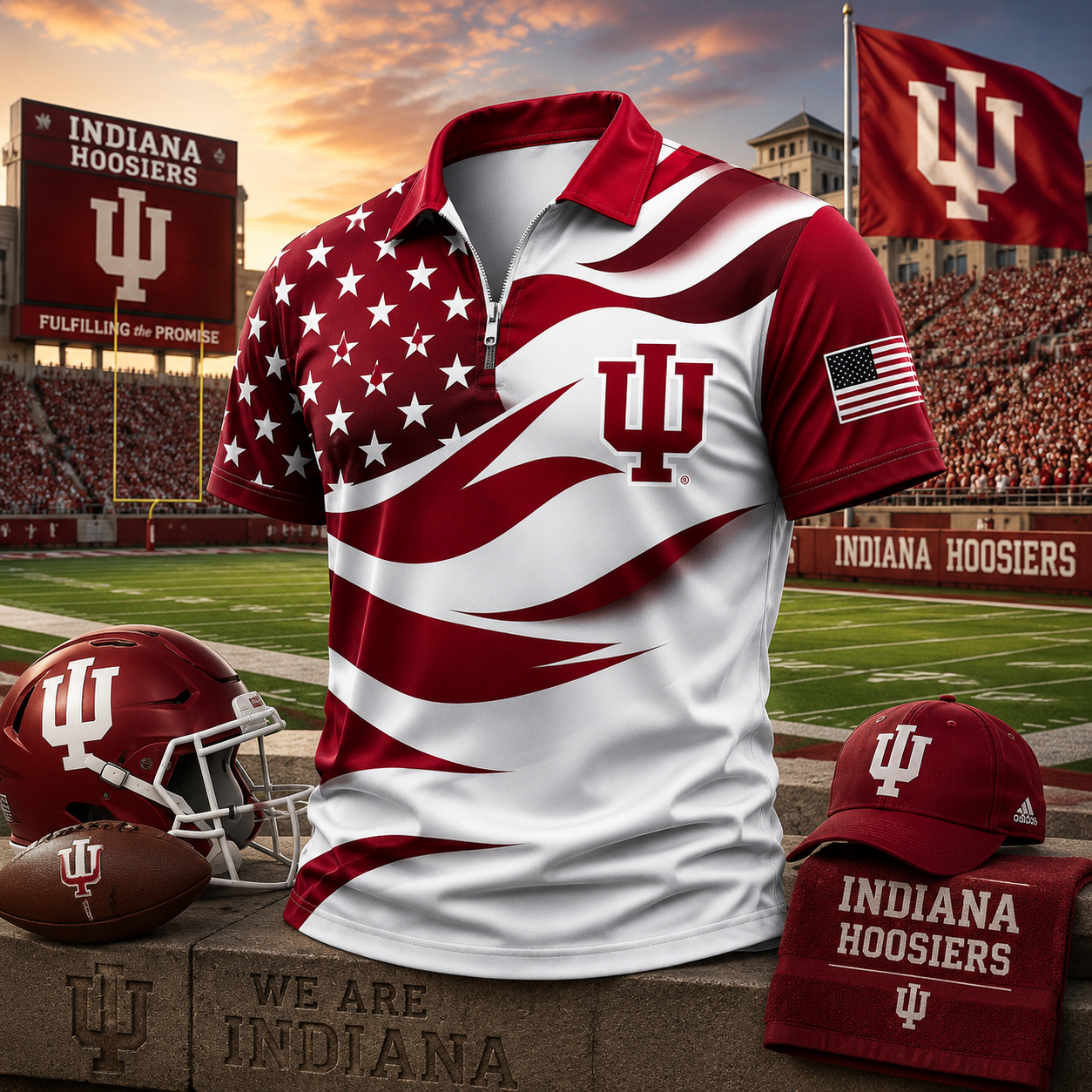 Indiana Hoosiers American Flag Style Football Polo Shirt College Game Day Apparel