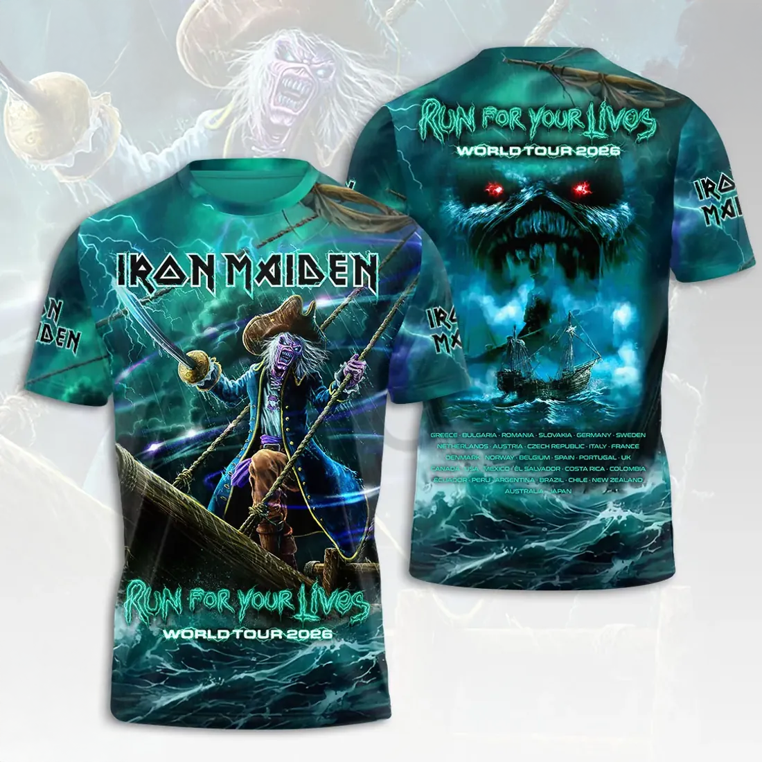 Iron Maiden Eddie Pirate 2026 World Tour Official Graphic T Shirt