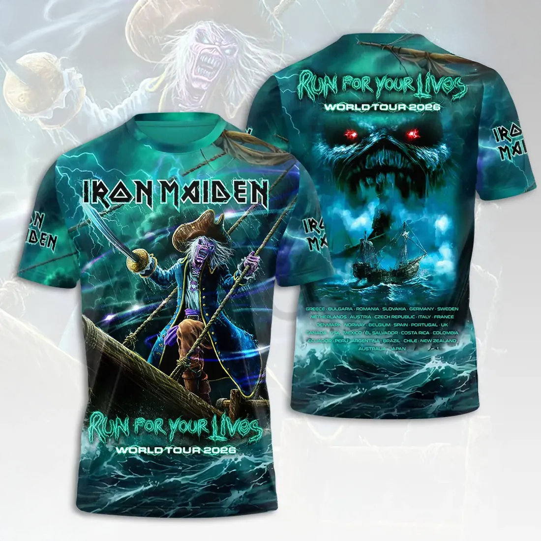 Iron Maiden Eddie Pirate World Tour 2026 Official Graphic T Shirt