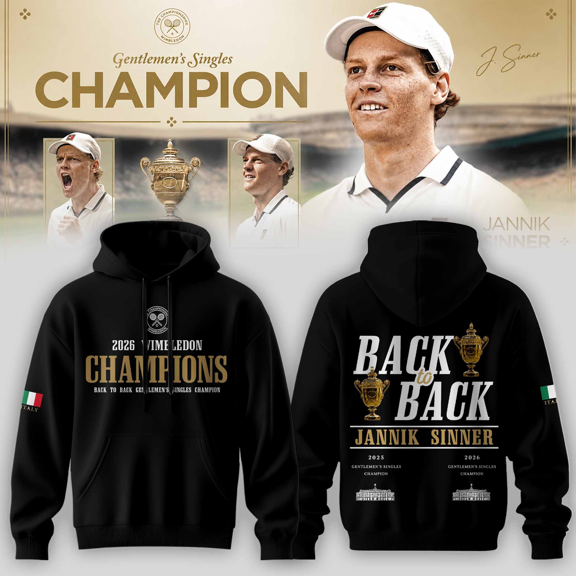 Jannik Sinner 2026 Wimbledon Champions Collector Edition Pullover Hoodie