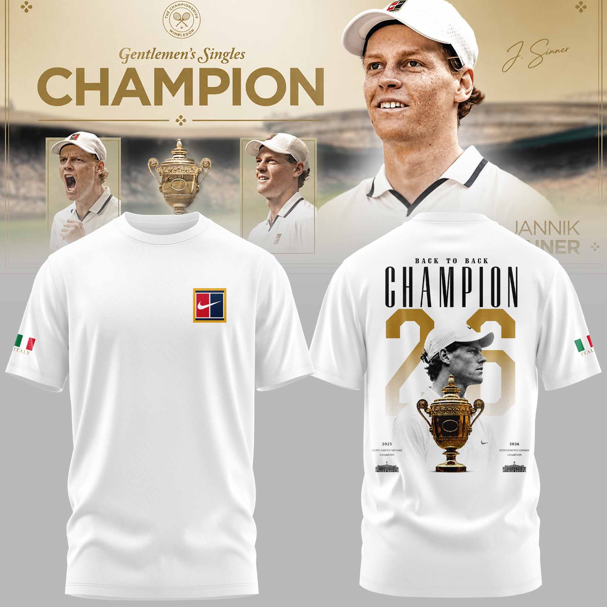 Jannik Sinner 2026 Wimbledon Champions Limited Edition Graphic T Shirt