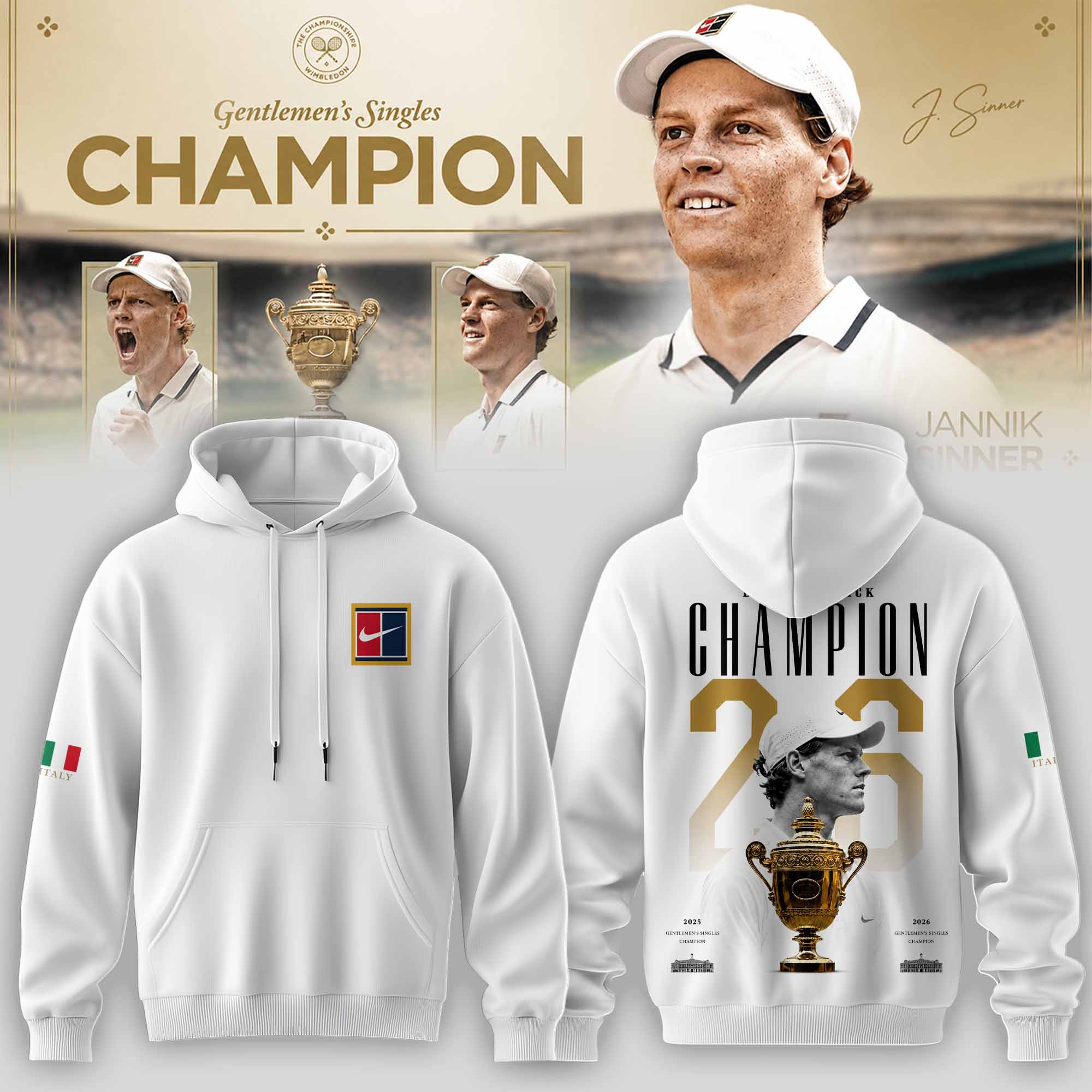 Jannik Sinner 2026 Wimbledon Champions Limited Edition Pullover Hoodie
