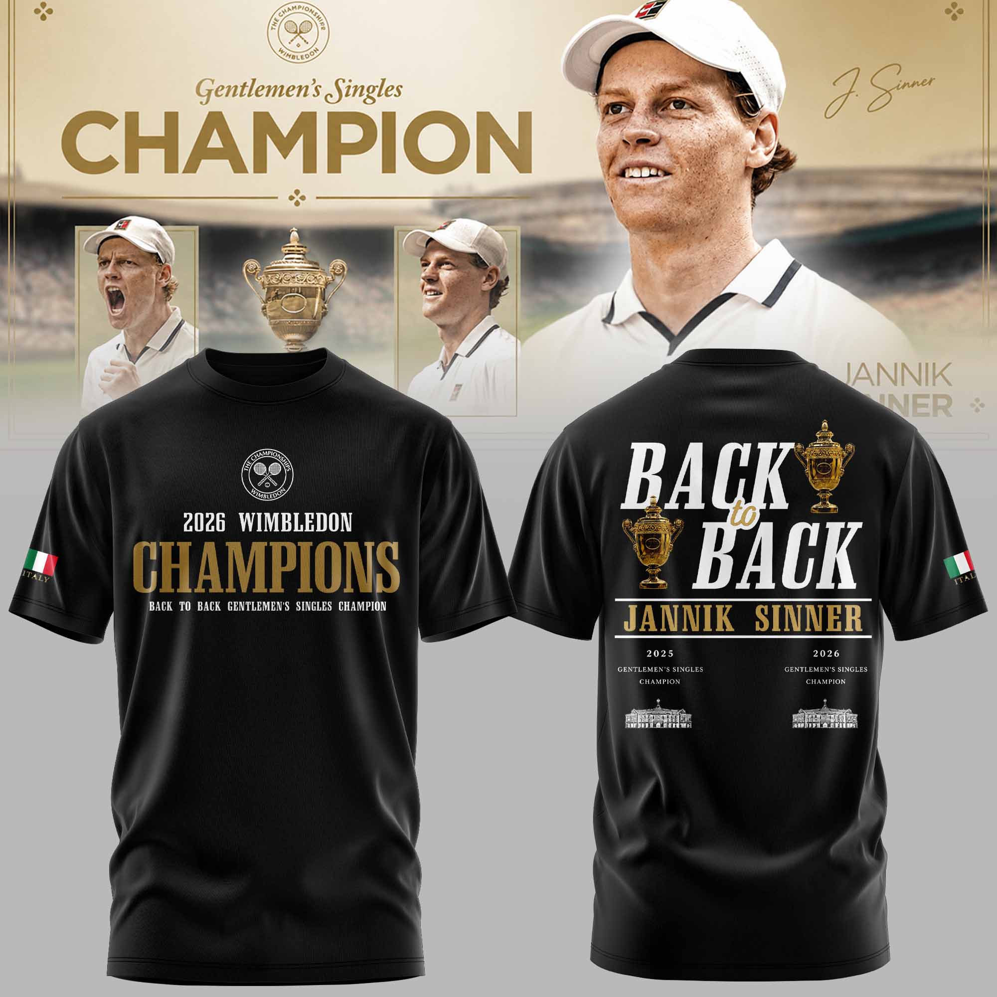 Jannik Sinner 2026 Wimbledon Champions Premium Champion T Shirt