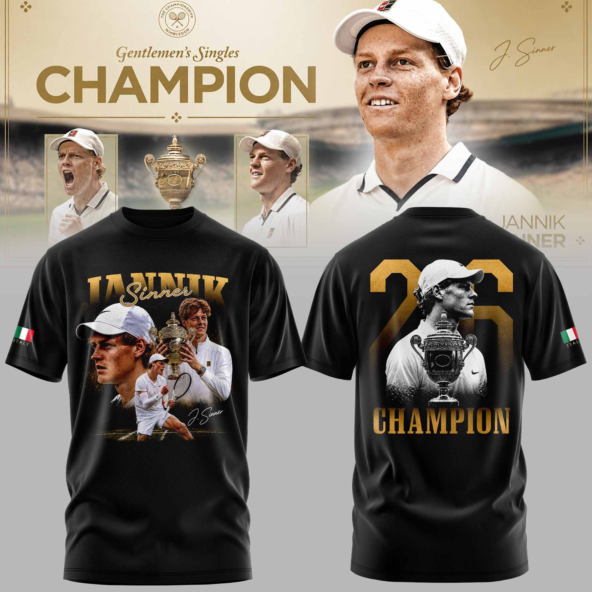 Jannik Sinner 2026 Wimbledon Champions Signature Fan T Shirt